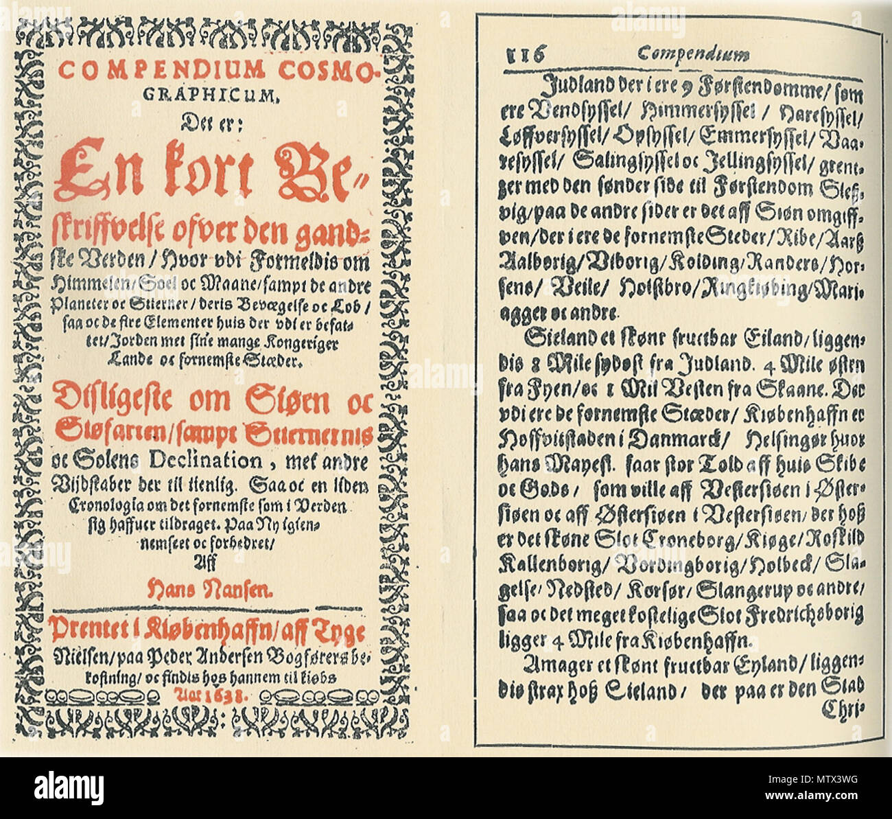 . Titelblad tekstside Nansens og Hans af 'Compendium Cosmographicum'. 2. UDG. 1638. Feuille de titre et de Hans textpage Nansens 'Compendium Cosmographicum'. 2e éd. 1638. 1886. P. Hansen 607 Titelblad tekstside Nansens og Hans af Compendium Cosmographicum 1638 Banque D'Images