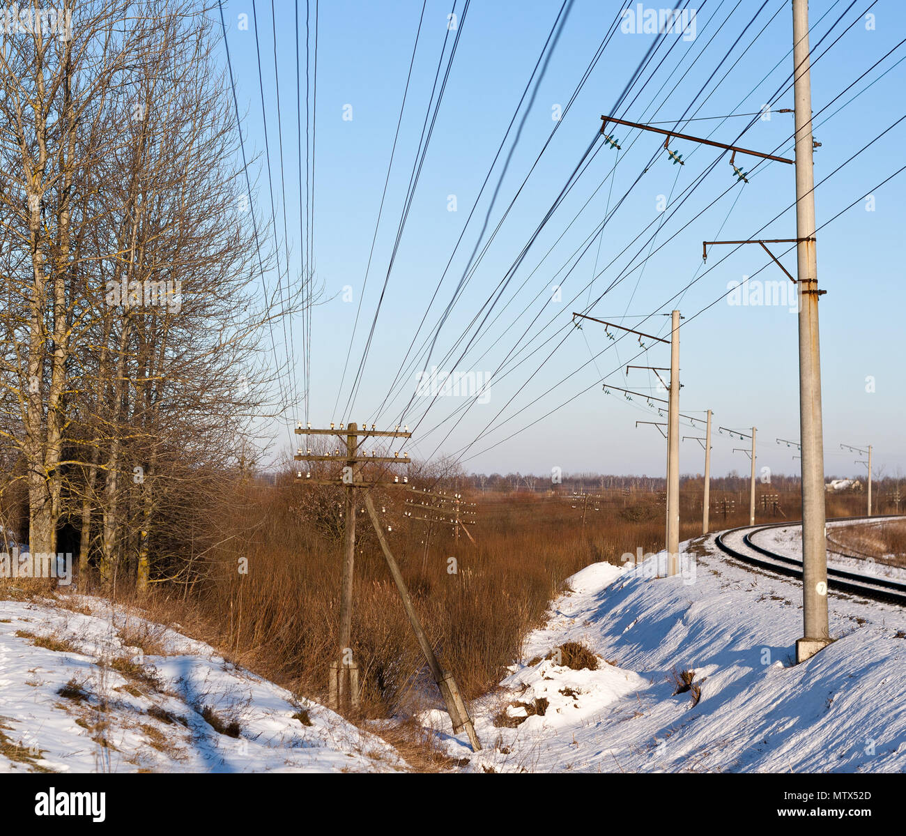 Ancienne ligne de télégraphe le long d'un chemin de fer Banque D'Images