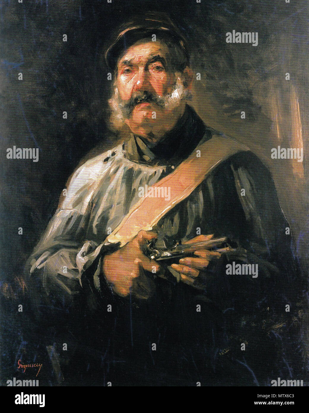 . Română : Paznicul de la Chailly, 88.5x69,5cm, ulei pe n° pânză, inventar. 69596/7536, Ordin de clasare Tezaur - 2052/07.02.2006 - la Muzeul Național de artă al României. Un figurat Acest tablou la Expoziţia Universală de la DIN 1867 titlul Paris sous 'Chasseur dans les bois". Expoziţia Amicilor Societăţii Prezent la Bellelor 1873 tabloul din Arte, un cumpărat fost de Stat şi une Pinacotecă titlul intrat în sous de la Chailly. Reprezentat trăsăturile Paznicul este sous unui bărbat dans vârstă favoriţi caschetă, Cu, de vânătoare îmbrăcat bluză, cu o de mătase încins diagonală et cu. Denotă Expresia pre Banque D'Images