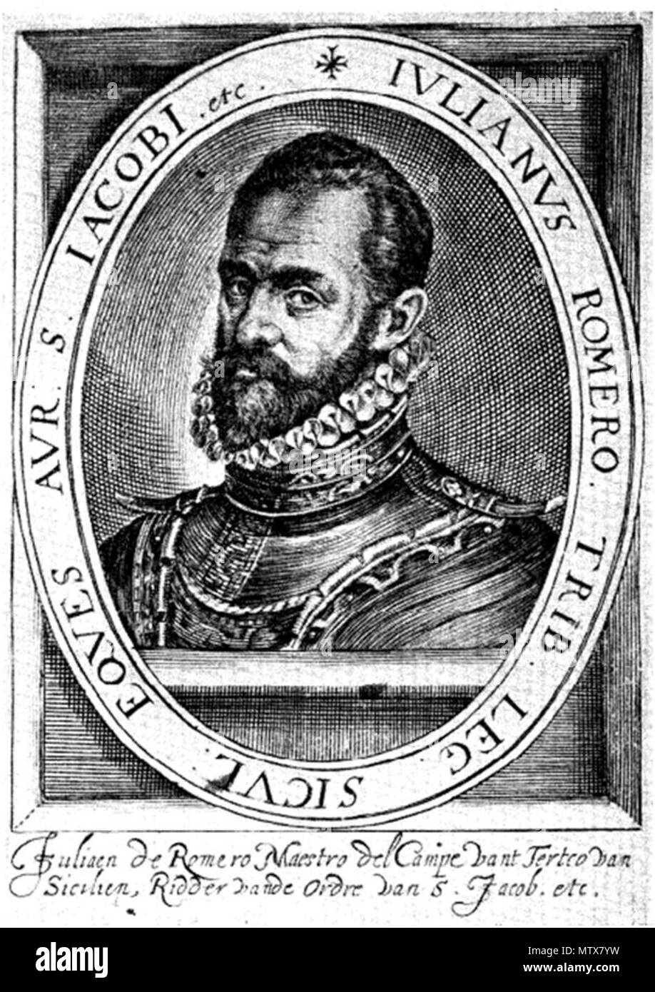 . Español : Julián Romero, maestre de Campo del Tercio de Sicilia, Caballero de Santiago . 7 octobre 2012, 11:22:41. hacia 1562, gravure de Crispiaiene dibujo sobre un Jacobsen atribuido 528 Julian Romero maestre de campo Banque D'Images