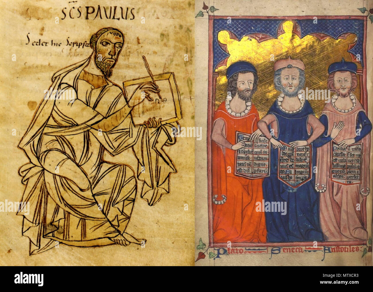 . Deutsch : Zusammenfügung zweier mittelalterlicher Zeichnungen : Der Apostel Paulus beim Schreiben, frühes 9. Jahrhundert (Handschrift aus dem Kloster St.), Platon, Sénèque, und Aristoteles in einer von Manuskripts Illustration mittelalterlichen mit verschiedenen philosophischen Texte. 7 mai 2012. Début Du ixe siècle, manuscrit écrit dans le monastère de Saint-Gall. Württembergische Landesbibliothek Stuttgart. Et dévotionnelles et écrits philosophiques Londres : c.1325-1335 Mme Hunter 231 (U.3.4), page 276 470 Paul et Sénèque avec Platon et Aristote Banque D'Images