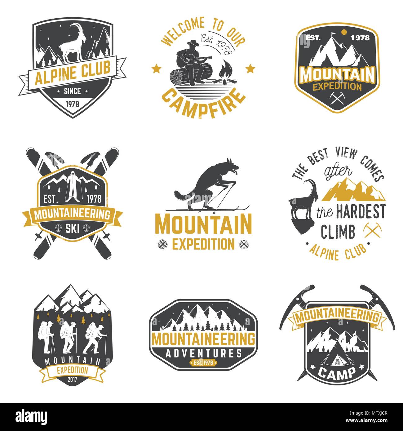 Set de badges d'expédition en montagne. Vecteur. Concept pour alpine club shirt ou logo, print, stamp ou tee. Design typographie vintage des alpinistes et Illustration de Vecteur