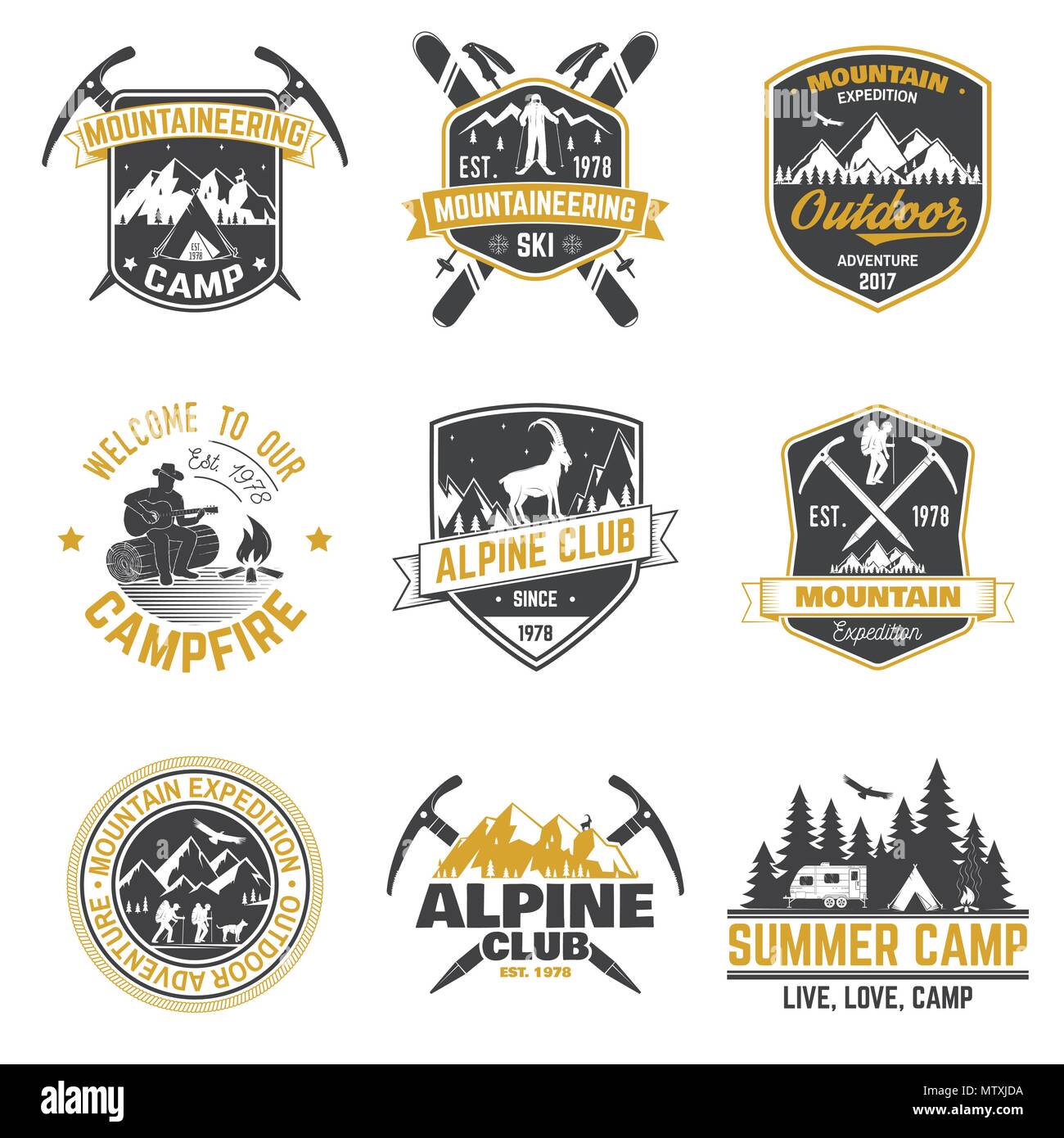 Set de badges d'expédition en montagne. Vecteur. Concept pour alpine club shirt ou logo, print, stamp ou tee. Design typographie vintage des alpinistes et Illustration de Vecteur