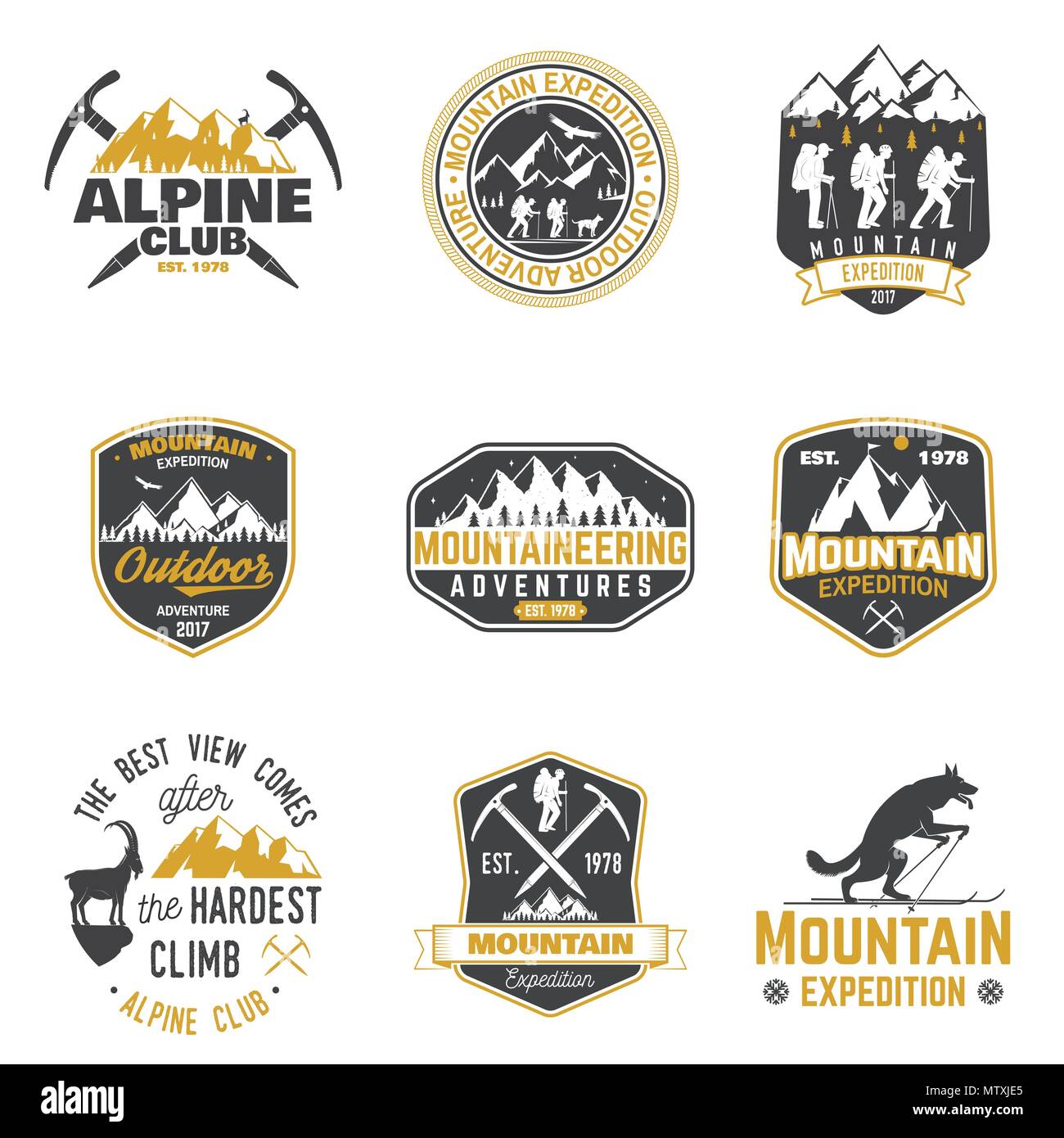 Set de badges d'expédition en montagne. Vecteur. Concept pour alpine club shirt ou logo, print, stamp ou tee. Design typographie vintage des alpinistes et Illustration de Vecteur