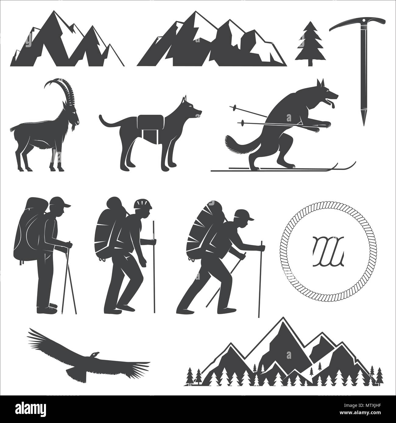 Ensemble de l'icône du club alpin. Vector illustration. Concept pour chemise ou d'un logo, d'impression, de timbres ou de pièce en t. Typographie vintage design avec piolet, rendez-vous d'escalade Illustration de Vecteur