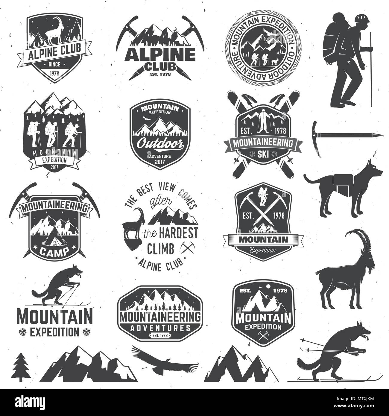 Set de badges d'expédition en montagne avec éléments de conception. Vecteur. Concept pour alpine club shirt ou logo, print, stamp ou tee. Un des alpinistes Design Illustration de Vecteur