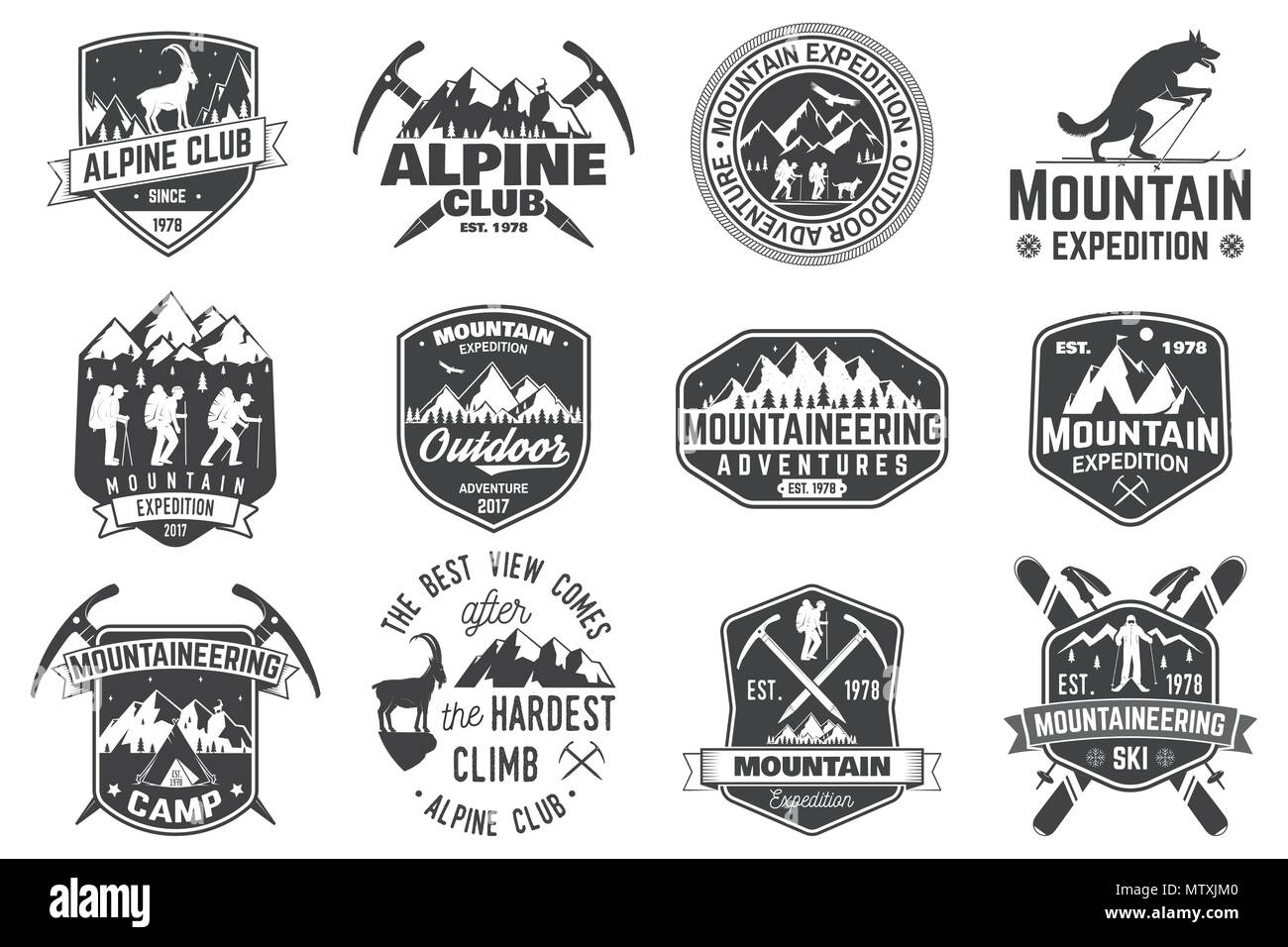 Set de badges d'expédition en montagne. Vecteur. Concept pour alpine club shirt ou logo, print, stamp ou tee. Design typographie vintage des alpinistes et Illustration de Vecteur