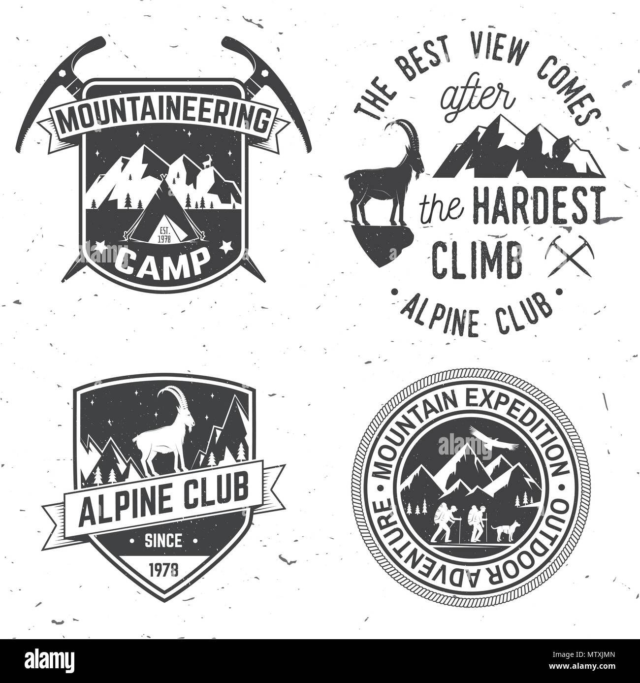 Set de badges d'expédition en montagne. Vecteur. Concept pour alpine club shirt ou logo, print, stamp ou tee. Design typographie vintage des alpinistes et Illustration de Vecteur