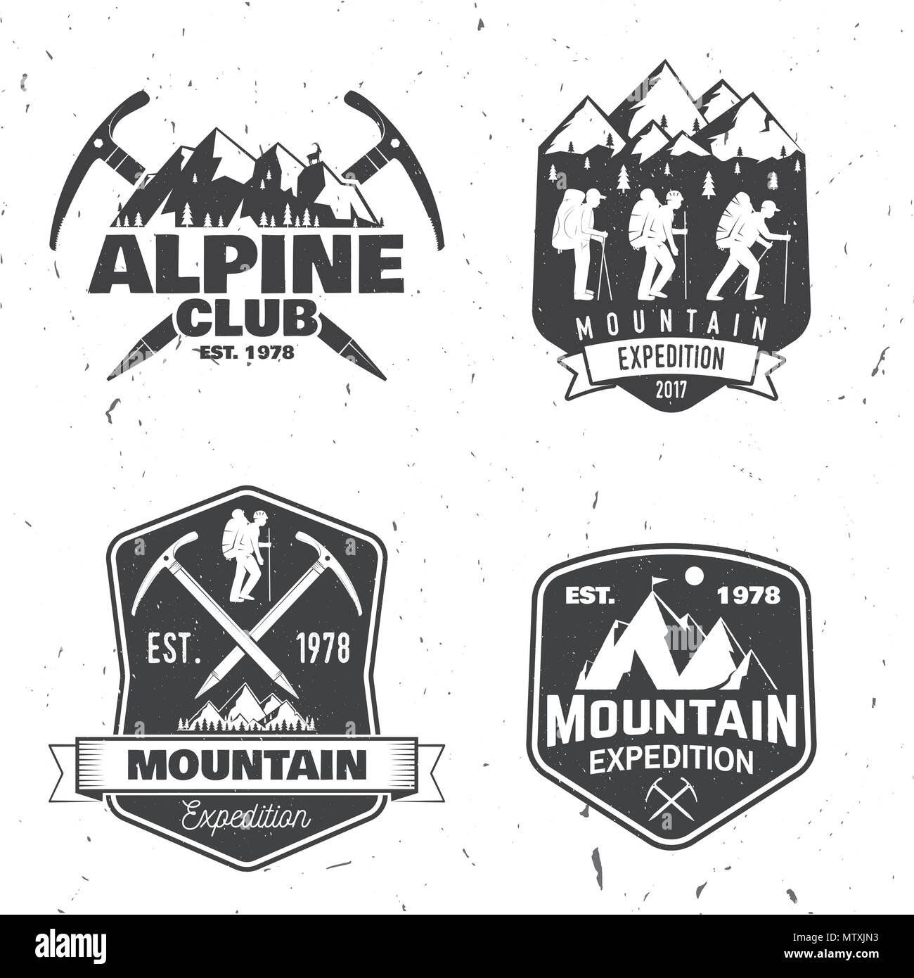 Set de badges d'expédition en montagne. Vecteur. Concept pour alpine club shirt ou logo, print, stamp ou tee. Design typographie vintage des alpinistes et Illustration de Vecteur