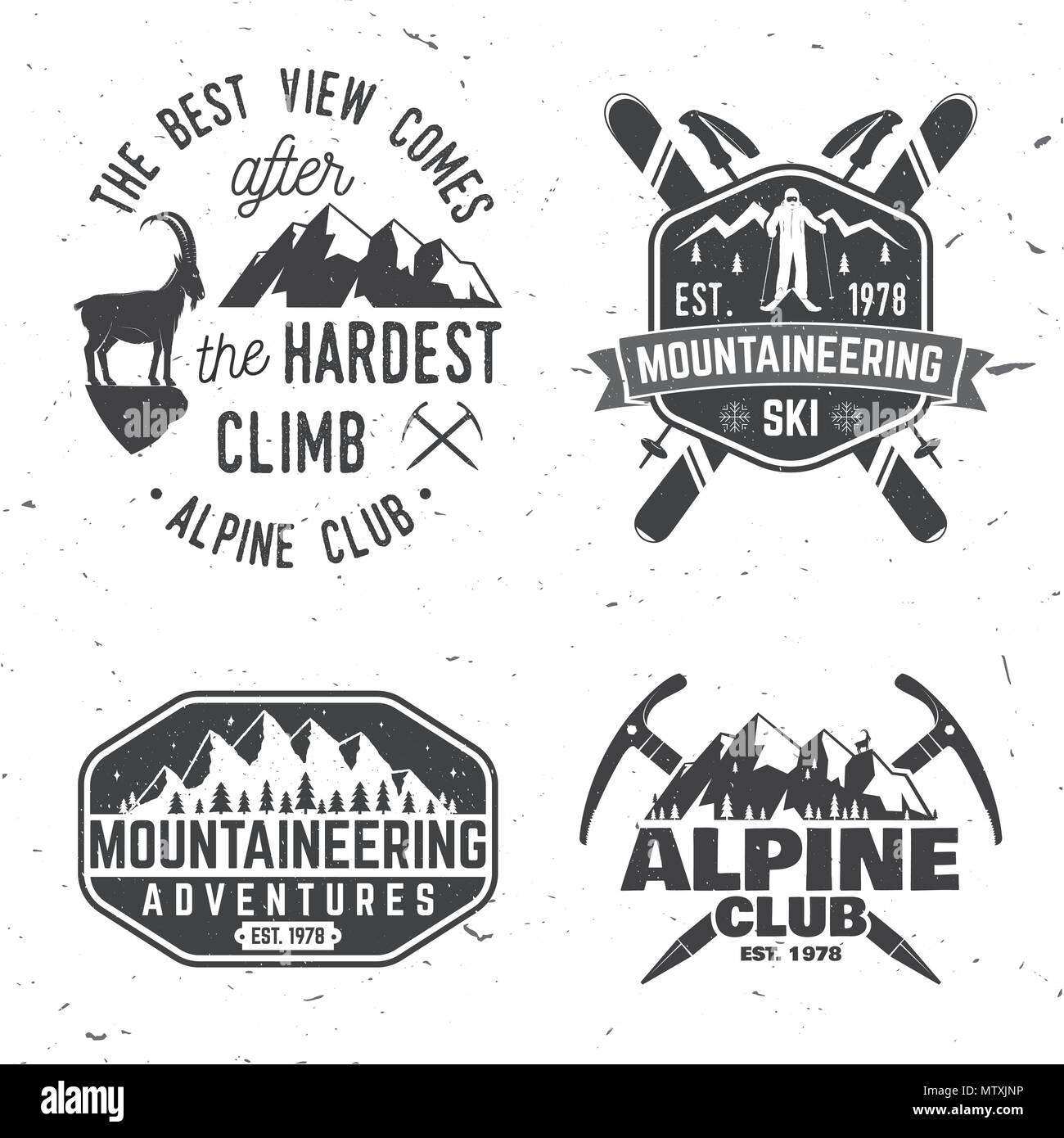 Set de badges d'expédition en montagne. Vecteur. Concept pour alpine club shirt ou logo, print, stamp ou tee. Design typographie vintage des alpinistes et Illustration de Vecteur