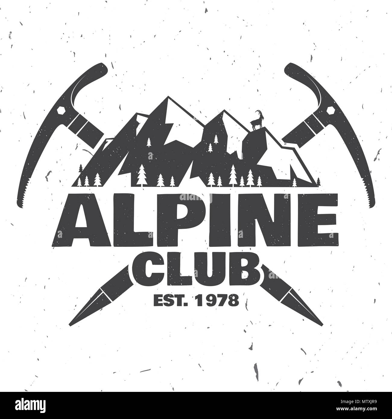 Badge du club alpin. Vector illustration. Concept pour chemise ou d'un logo, d'impression, de timbres ou de pièce en t. Typographie vintage design avec piolet, l'escalade et de chèvre Illustration de Vecteur