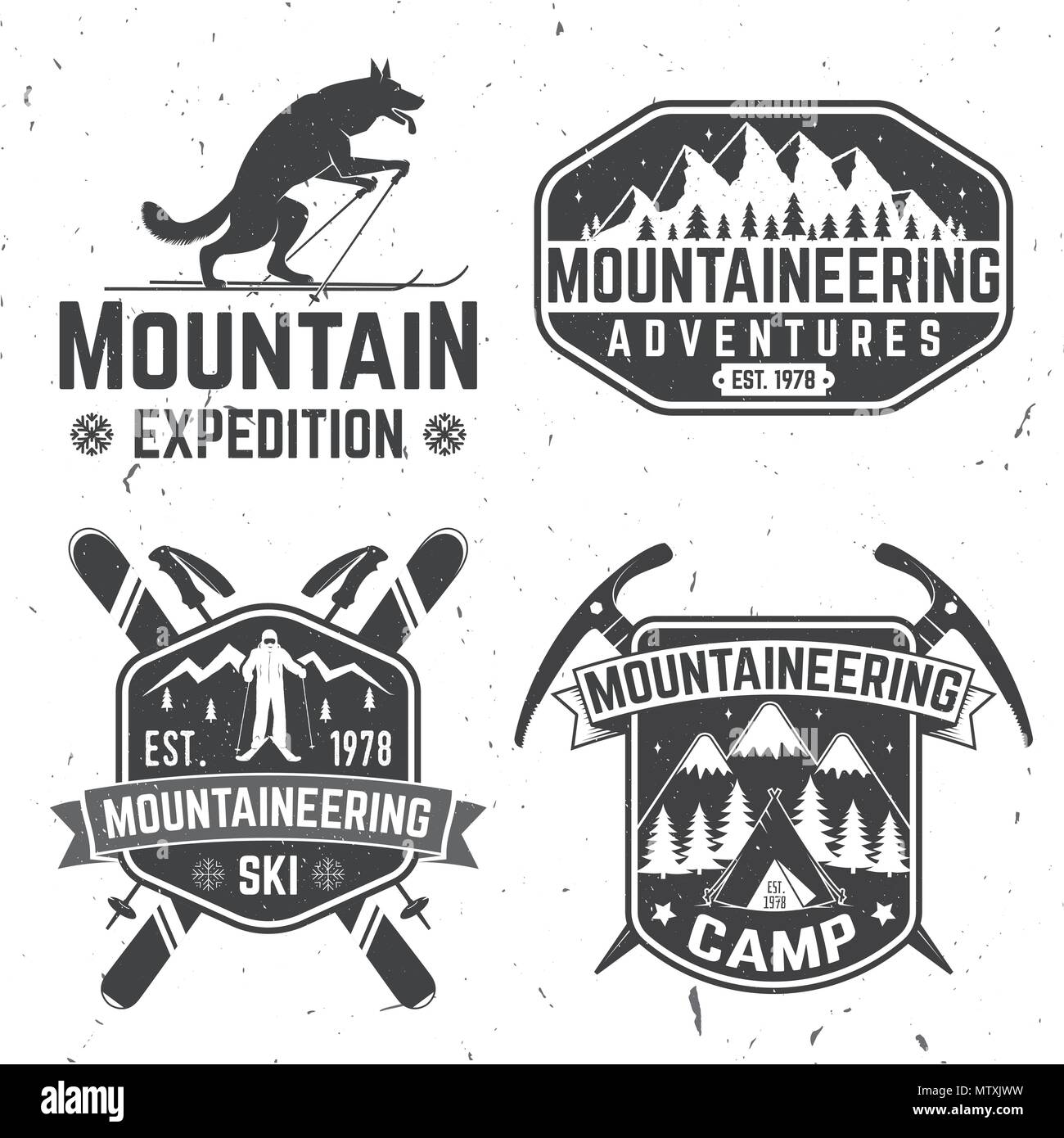 Set de badges d'expédition en montagne. Vecteur. Concept pour alpine club shirt ou logo, print, stamp ou tee. Design typographie vintage des alpinistes et Illustration de Vecteur