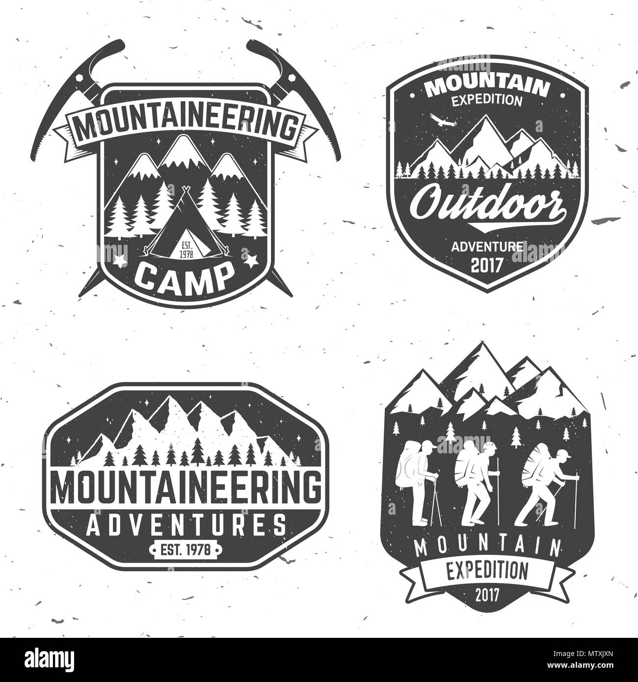 Set de badges d'expédition en montagne. Vecteur. Concept pour alpine club shirt ou logo, print, stamp ou tee. Design typographie vintage des alpinistes et Illustration de Vecteur