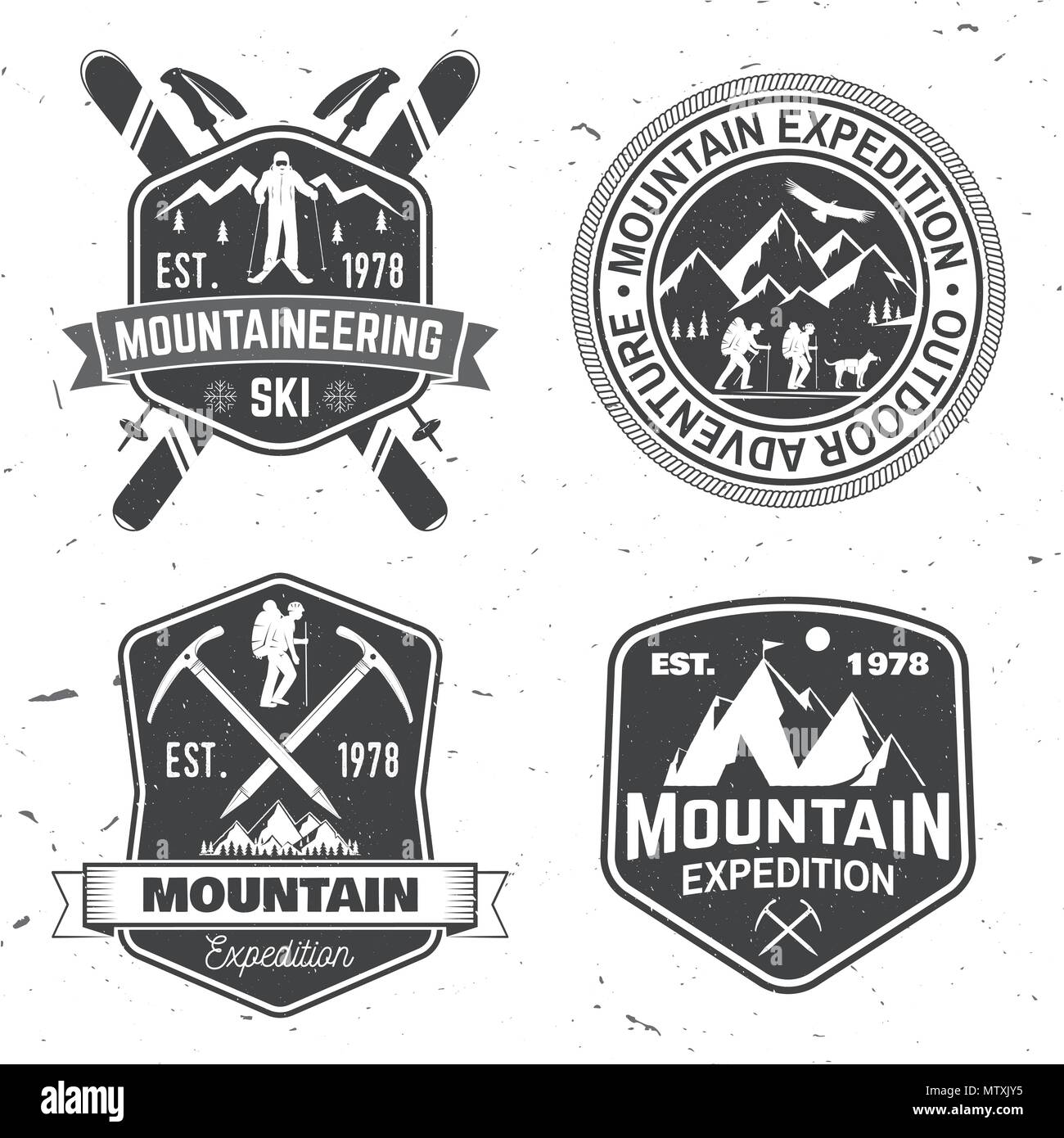 Set de badges d'expédition en montagne. Vecteur. Concept pour alpine club shirt ou logo, print, stamp ou tee. Design typographie vintage des alpinistes et Illustration de Vecteur