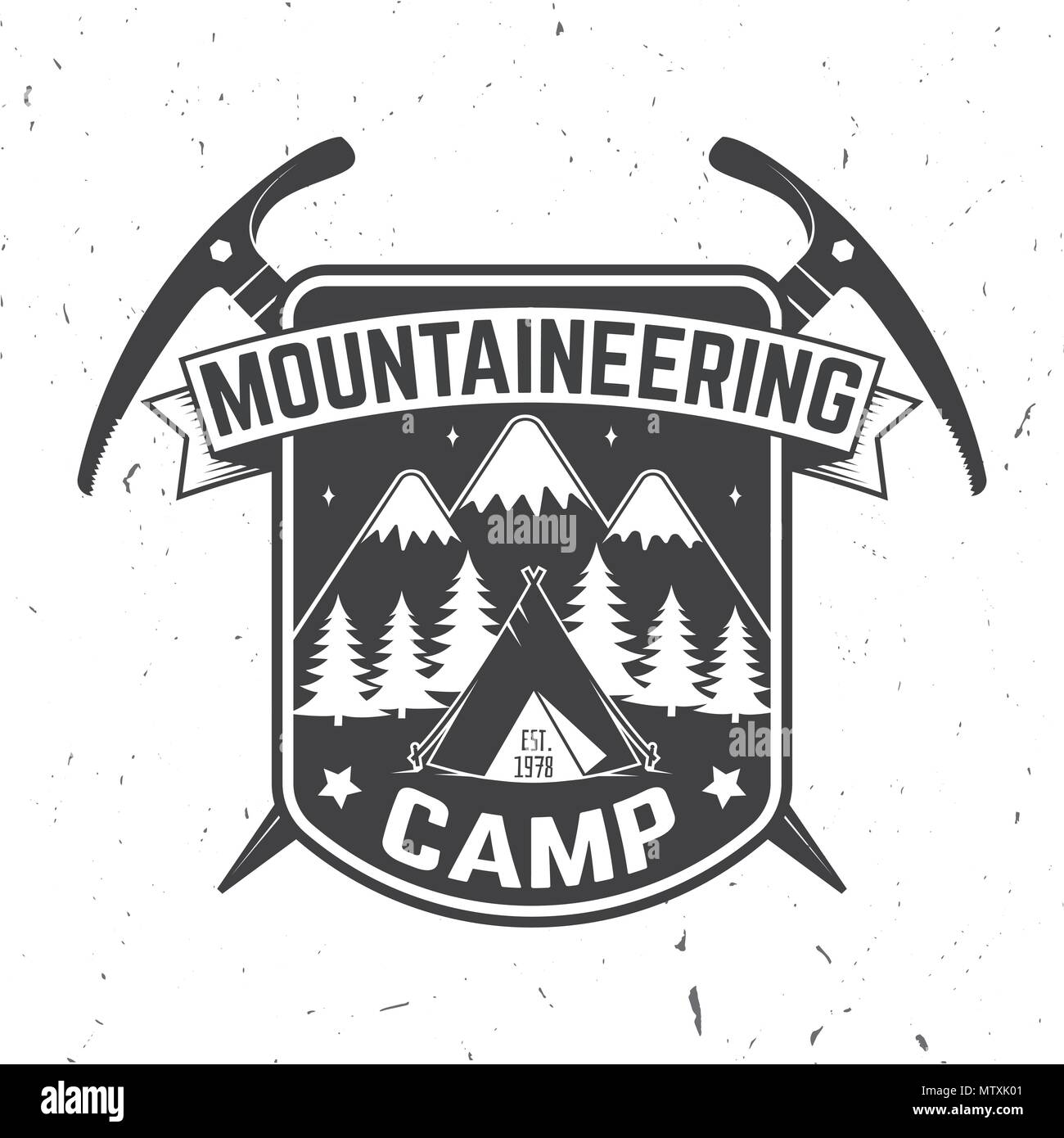 Camp d'alpinisme d'un insigne. Vector illustration. Concept pour alpine club shirt ou logo, print, stamp ou tee. Typographie vintage design avec piolet, ca Illustration de Vecteur