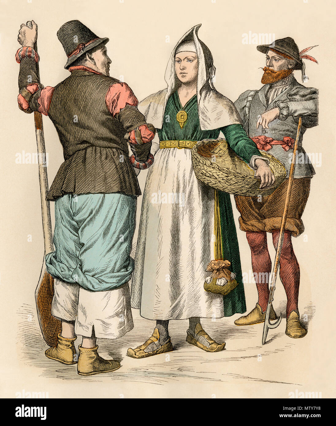 Batelier et sa femme française et un homme avec un Pike, 1590. Impression couleur à la main Banque D'Images