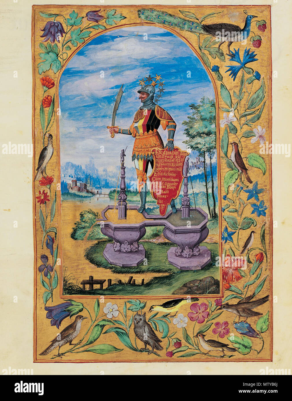 569 Splendor Solis - Traité d'Alchimie - Le Chevalier sur la double fontaine Banque D'Images