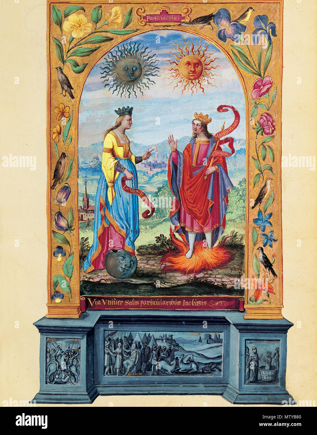 569 Splendor Solis - Traité d'Alchimie - Rencontre du Roi Soleil et de la Reine Lune Banque D'Images