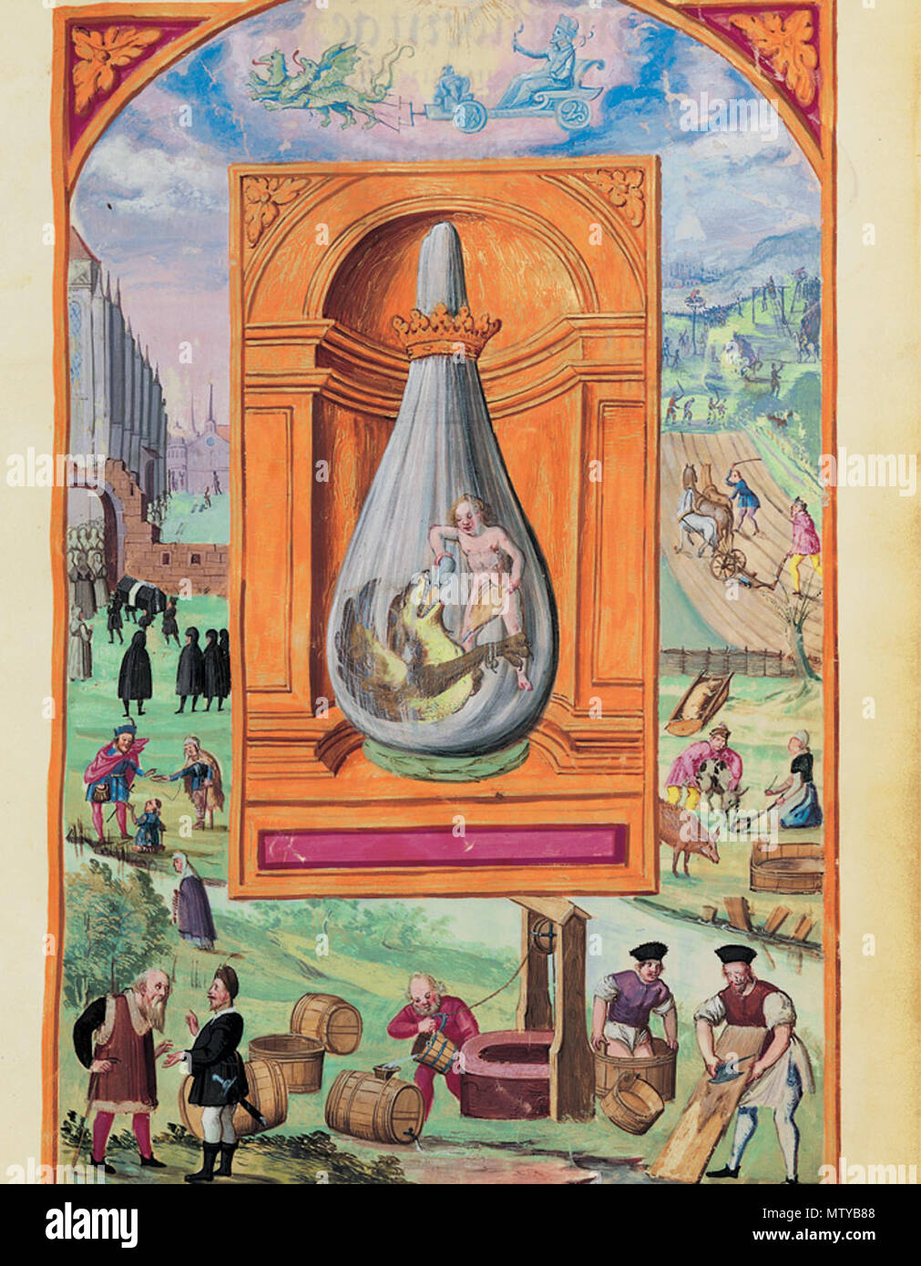 570 Splendor Solis - Traité d'Alchimie - Saturne - Dragon et enfant (Les Sept Flasques) Banque D'Images
