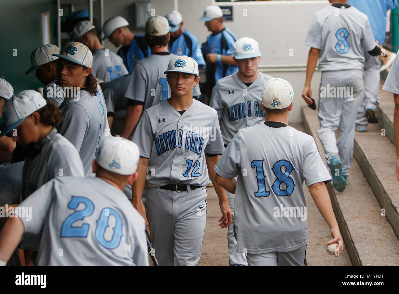 Fort Myers, Floride, USA. 31 mai, 2018. OCTAVIO JONES | fois .Nature Coast pitcher technique Anthony Anselmo (14) cherche à rassembler son matériel après avoir perdu à Bolles durant la FHSAA 2018 championnats de Baseball au Complexe sportif de CenturyLink à Hammond Stadium à Fort Myers, Floride le jeudi 31 mai 2018. Bolles défait la nature technique de la côte de 4 à 1. Credit : Octavio Jones/Tampa Bay Times/ZUMA/Alamy Fil Live News Banque D'Images