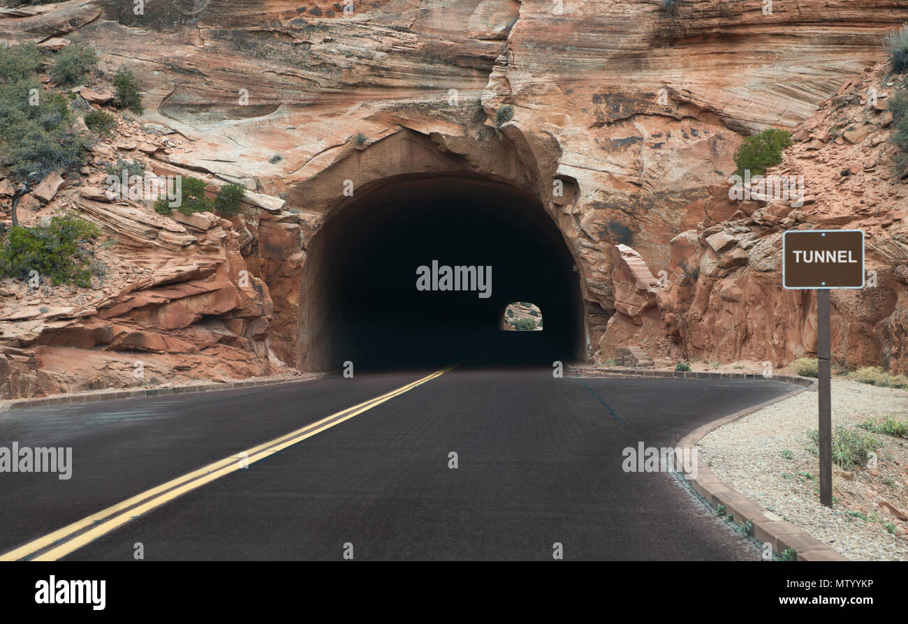 Route à travers un tunnel dans une forêt nationale, Utah, États-Unis Banque D'Images
