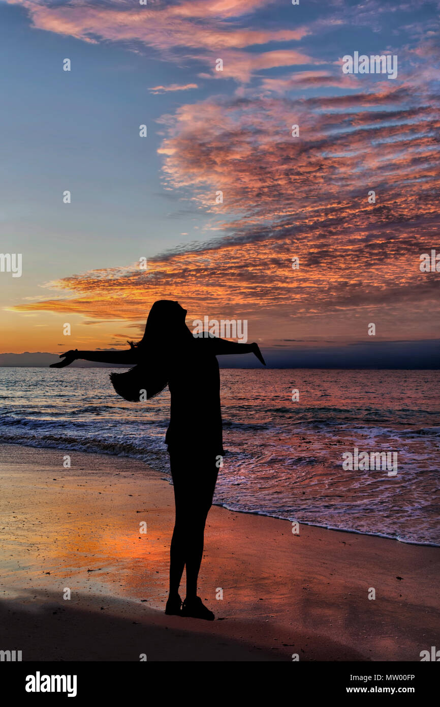 Silhouette of a woman standing on beach avec ses bras tendus Banque D'Images