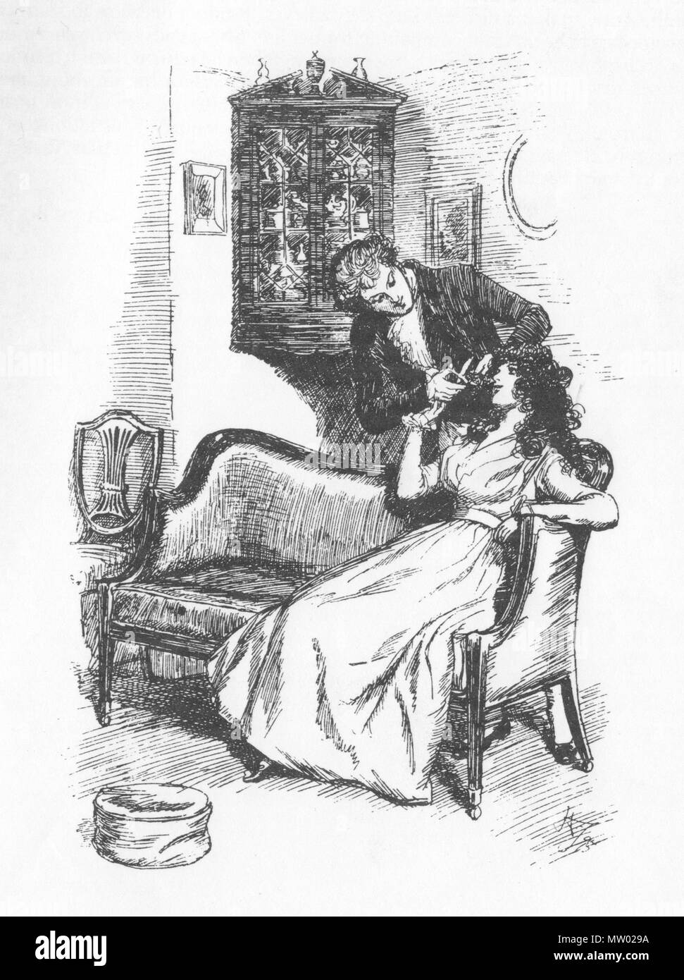 . Illustration à partir de la Raison et Sentiments de Jane Austen. L'illustration est par Hugh Thomson (1860-1920). Cette illustration est tiré du chapitre 12 de sens et de sensibilité. La légende de la photo est "il a coupé une longue mèche de ses cheveux." (selon les coutumes et l'étiquette du temps, lui permettant de prendre une mèche de ses cheveux comme souvenir serait mal vu de sa part, sauf si les deux ont été effectivement engagés.) . Entre 1860 et 1920. Hugh Thomson. 551 Raison et Sentiments Illustration 12 Chap Banque D'Images
