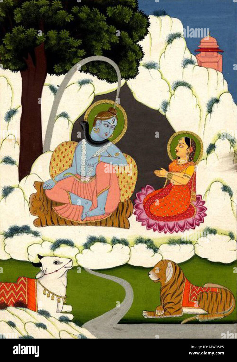 . Anglais : peinture Gouache sur papier. Śiva et Pārvatī sur le mont Kailasa. Śiva est assis sur une peau de tigre, Pārvatī sur une fleur de lotus. Nandi et Pārvatī's tiger mont sont positionnés à l'avant-plan . vers 1800. 562 Inconnu Siva Parvati Banque D'Images