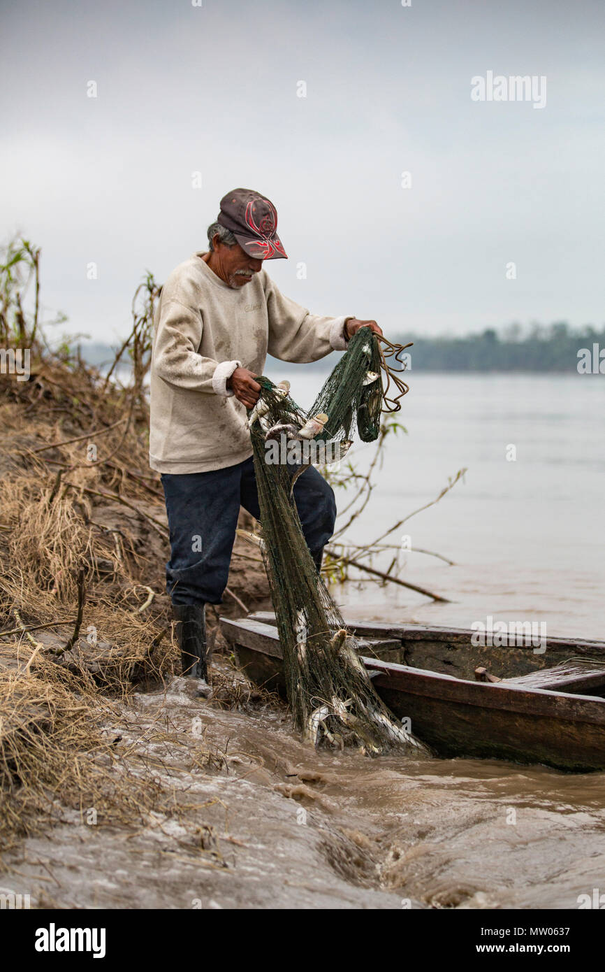 Récupérer son filet de pêcheur, San Miguel Cano, haut bassin du fleuve Amazone, Loreto, Pérou Banque D'Images