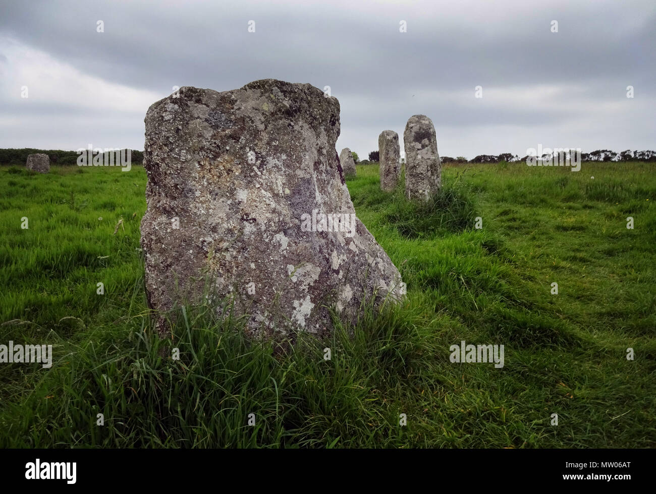 Des pierres sur le Merry Maidens Stone Circle, West Cornwall UK Banque D'Images