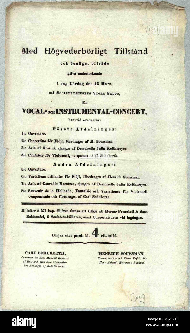 . Publicité : anglais à partir d'un concert, qui a eu lieu en Finlande le 13 mars 1841, de la flûtiste Heinrich Soussman Афиша концерта Генриха Русский : Финляндии Зусмана в, 13 марта 1841 . 1841. 568 Concert Soussman inconnu Banque D'Images