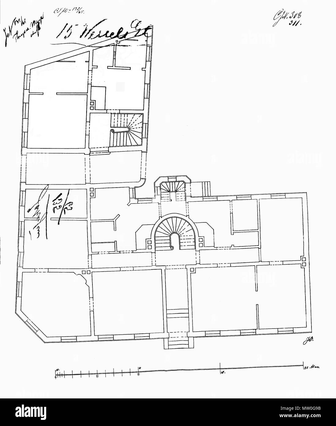 . Anglais : plan au sol de l'immeuble le 15 Wessels gate, Christiania (Oslo). Présenté avec demande de permis de construire en 1865. Norsk bokmål : Grunnplan leigården un på Wessels gate 15 je Kristiania. J'byggemelding Vedlegg til 1865 eiendomsspekulant fra Olaus Johnsen. 14 janvier 2012. Dessinateur inconnu (J.O.) pour propriétaire Olaus Johnsen Plan1865 487 Banque D'Images