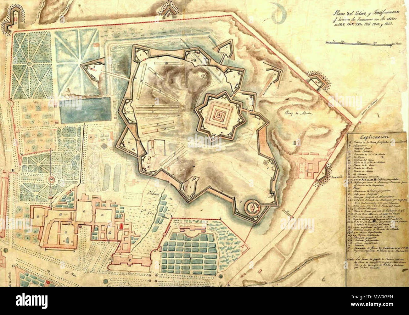 . Español : plano de las fortificaciones francesas en El Buen Retiro, vers 1813. vers 1813. 488 anonyme Plano de las fortificaciones francesas en El Buen Retiro, circa 1813 Banque D'Images