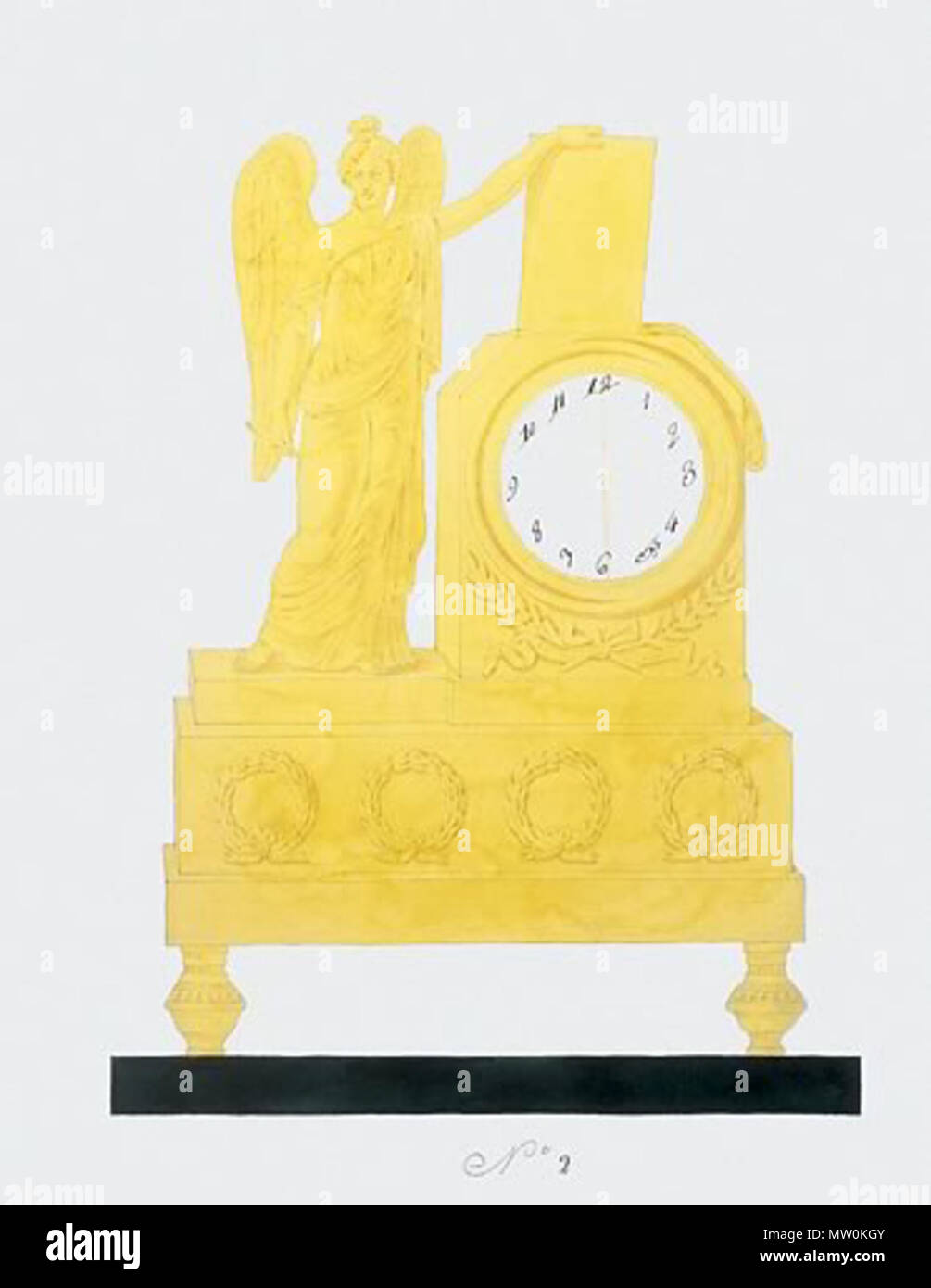 . Anglais : Aquarelle, gouache et encre et plume, sur papier vergé. Numérotée : 2. Dimensions : 50,4 cm. par 33 cm. Pour être exécuté en bronze doré ; noir ; cadran émail en plate-forme. Le comité permanent de l'enregistrement de la déesse les exploits des hommes avec un stylet sur la tablette qu'elle est l'affichage sur un tabernacle en forme de naos la façade par l'horloge avec une interférence de montage de feuilles de palme au-dessous de la ligne téléphonique ; la frise des couronnes de lauriers des vainqueurs. Les déesses de la Victoire, la gloire et l'histoire sont tous les chevauchements, représentant trois aspects successifs de la reconnaissance des partis politiques d'instruction. Ils sont donc très similaires personnifié comme winge Banque D'Images