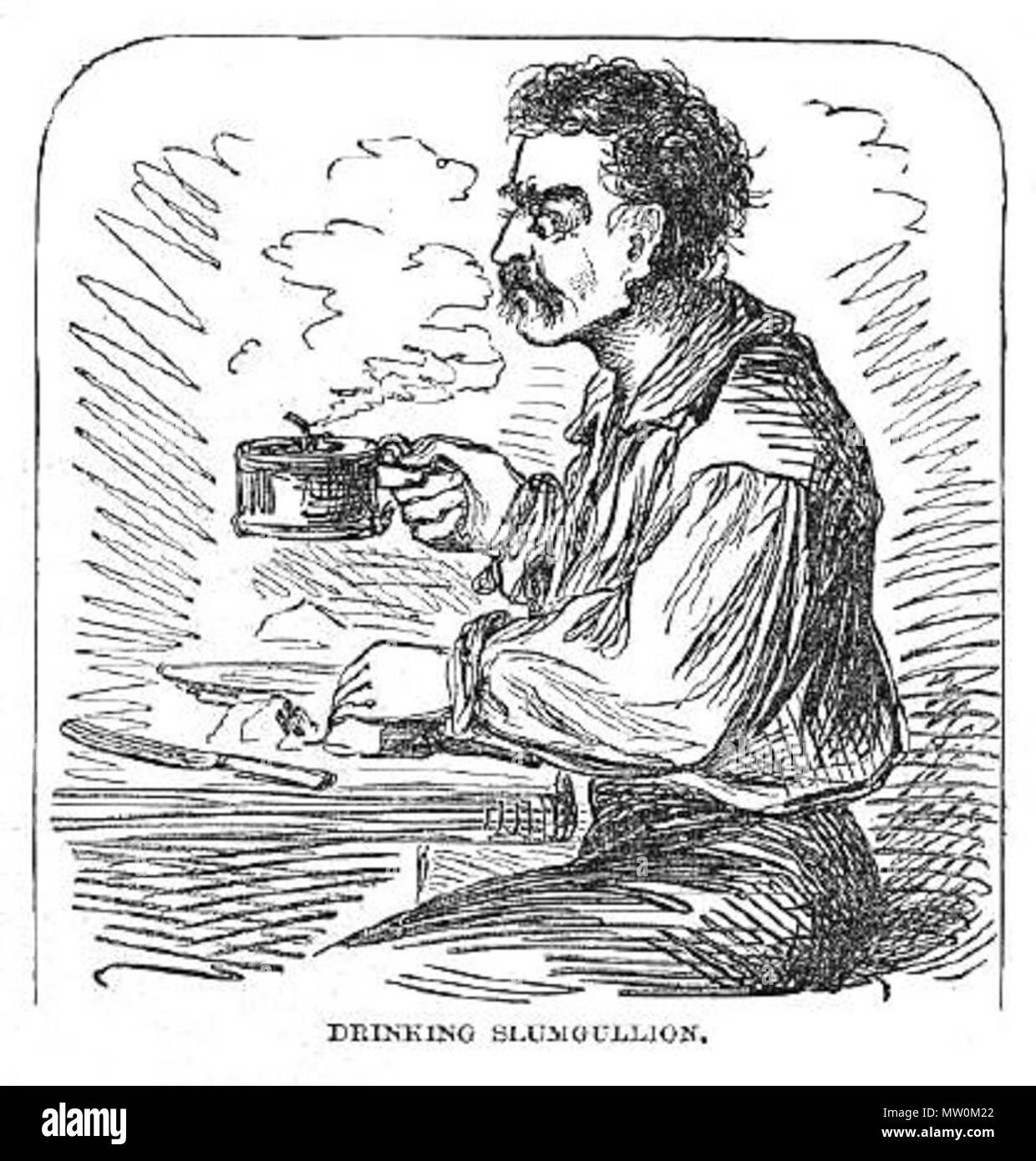 . Anglais : une illustration de livre d'un homme slumgullion potable, une boisson faite d'eau, tels que les faibles du café ou du thé. De Mark Twain, 'à la dure', 1861. 1861. Slumgullion 564 inconnu Banque D'Images