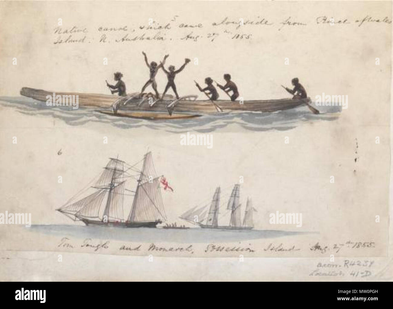 . Anglais : aquarelle de Thomas Baines (1820-1875) représentant une pirogue indigène près de l'Île du Prince de Galles, détroit de Torres, et les navires Tom dur et Monarch près de l'île de la Possession, le 27 août 1855 . 27 août 1855. Thomas Baines (1820 - 1875) 498 l'île de la possession des canots, Tom dur &AMP ; Monarch 1855 Banque D'Images