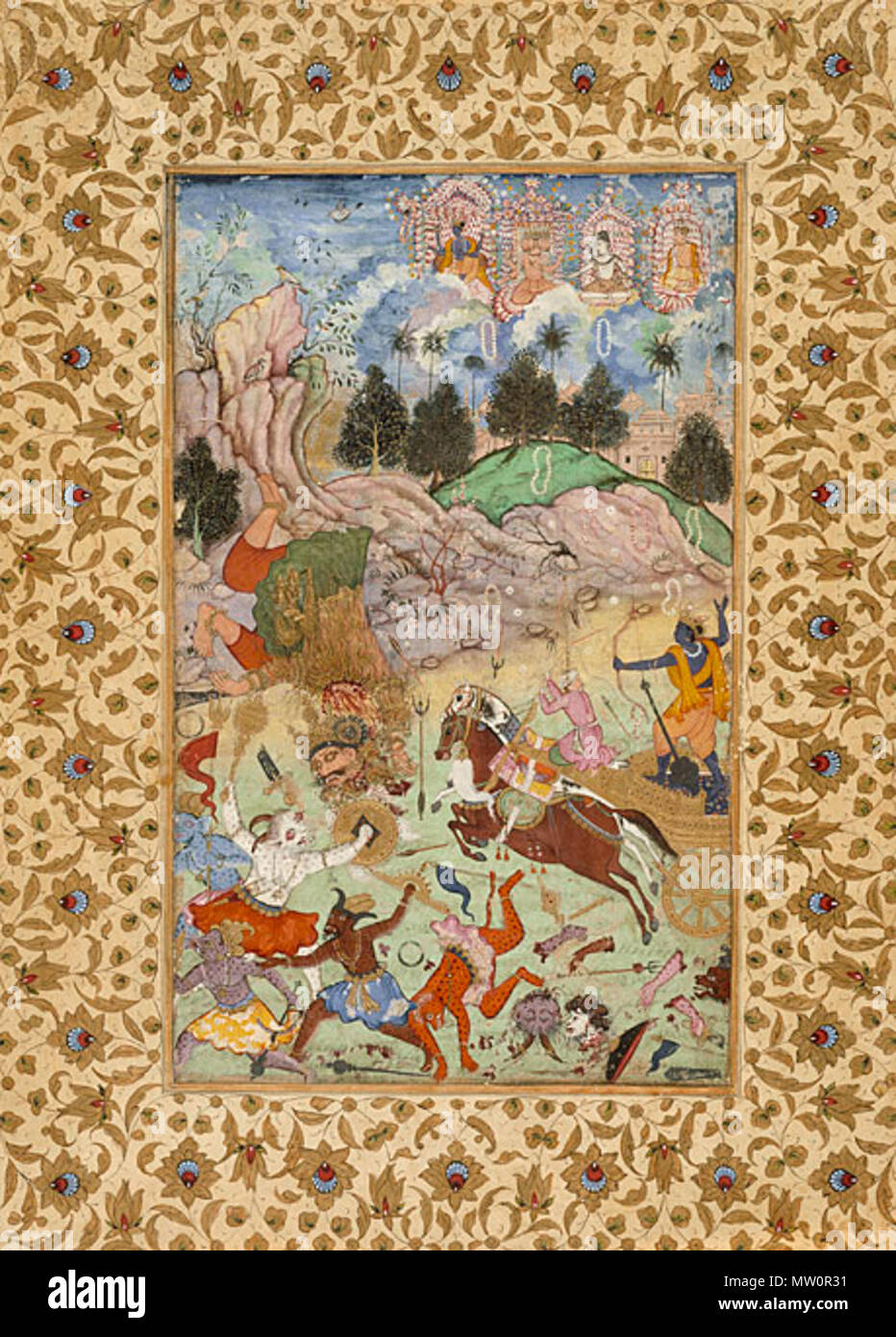 . Anglais : Pakistan, Lahore, Mughal Pradyumna tue Samvara (recto), la calligraphie (verso), folio d'un Harivamsha (lignée de Hari [Vishnu]), vers 1585-1590 ; peinture ; aquarelle, calligraphie, aquarelle opaque de l'or et de l'encre sur papier, feuille : 16 1/8 x 11 3/4 in. (41,96 x 29,85 cm) ; Image : 11 3/4 x 7 in. (29,85 x 17,78 cm) de la Collection Heeramaneck Nasli et Alice, Museum Associates Acheter (M.83.105.4) Art d'Asie du Sud et du Sud-Est. Pas en ce moment sur la vue du public Cliquez ici pour obtenir une liste des œuvres exposées dans cette collection conservation . Entre 1585 et 1590 circa circa. (Mu Banque D'Images