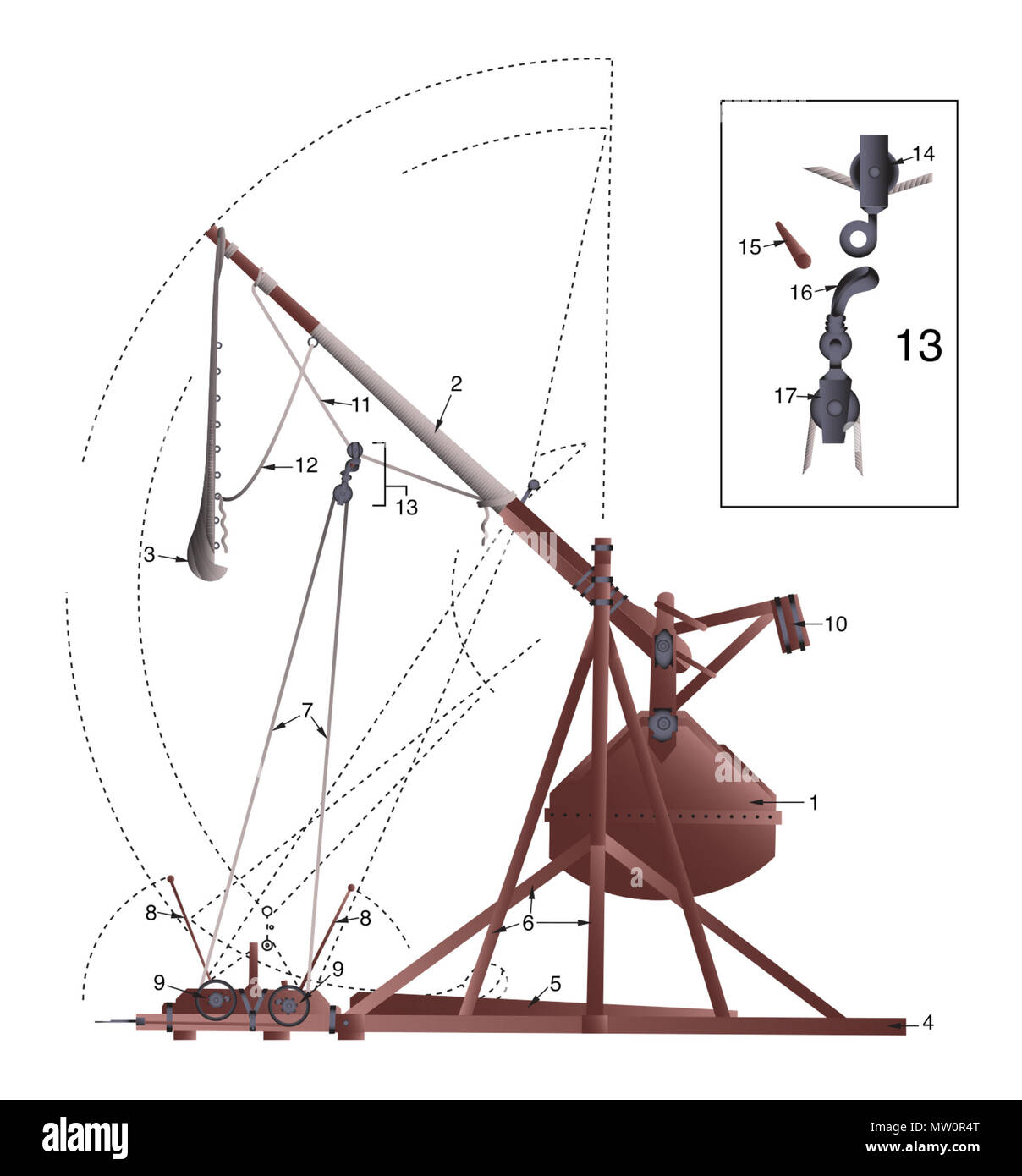 . Anglais : Illustration des composants d'un trébuchet . 2 mars 2012. Steven Barker 576 StevenBarkerTrebuchetIllustration cropped Banque D'Images
