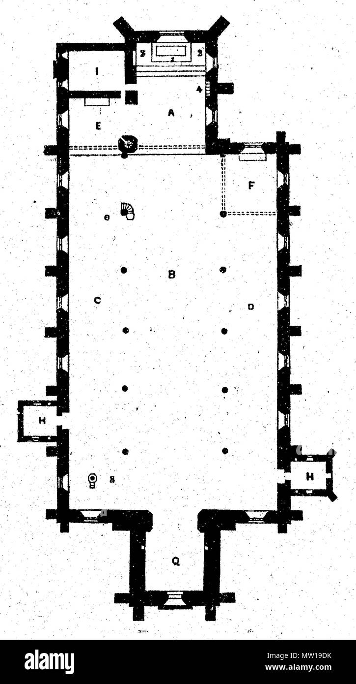 . Anglais : Figure 8 de suggestions sur l'Arrangement et les caractéristiques des églises paroissiales. Description originale par J. J. McCarthy sur p. 17 : Les Figures 8 et 9 montrent les plans des églises, composé de chœur, la nef, et les bas-côtés : ils sont ceux de Saint Anne's, Liverpool, et St Mary's, "l'Étoile de la Mer," Irishtown, près de Dublin. A est le choeur ; B, la nef ; C, côté nord ; D, côté sud. E F, figures 8 et 9, sont des chapelles latérales. 1851. J. J. McCarthy 580 suggestions sur l'Arrangement et les caractéristiques des églises paroissiales Figure 08 Banque D'Images