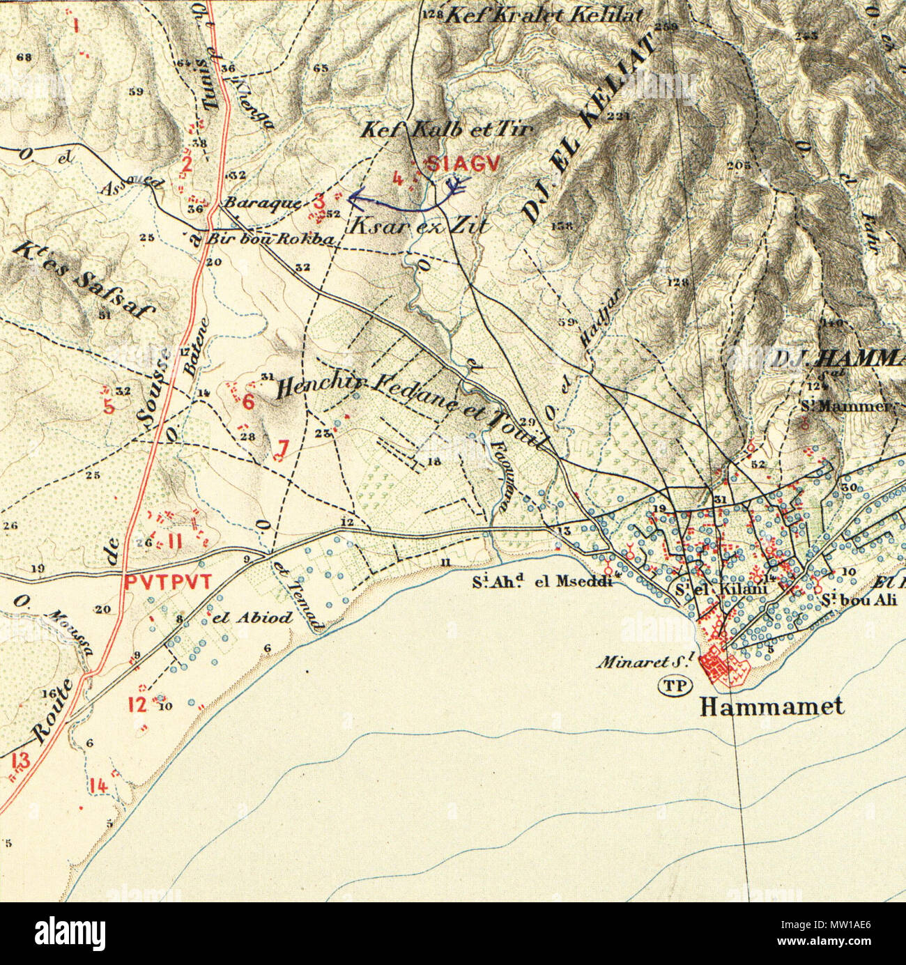 . English : Extrait de lAtlas archéologique de la Tunisie au 1/50 000, feuille 39 [xxxvii] (1892). Zone de Pupput (n° 11-12 et 14), Siagu (n° 3) et Hammamet . 24 septembre 2012, 10:12:31. Ernest Babelon, René Cagnat et Salomon Reinach, 1892 506 Pupput et Siagu (extrait de AAT1 F37) Banque D'Images