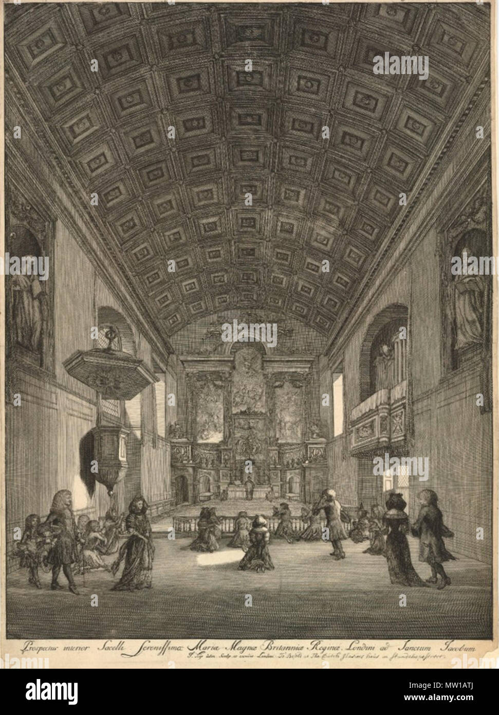 . Gravure de l'intérieur de la chapelle la reine, St James's Palace, avec l'Amérique caption, 'intérieur Prospectus Serenissima Sacelli Magnae Britanniae Reginae Mariae' . 1688. Jan Kip 508 Chapelle de la Reine Jan Kip 1688 Banque D'Images