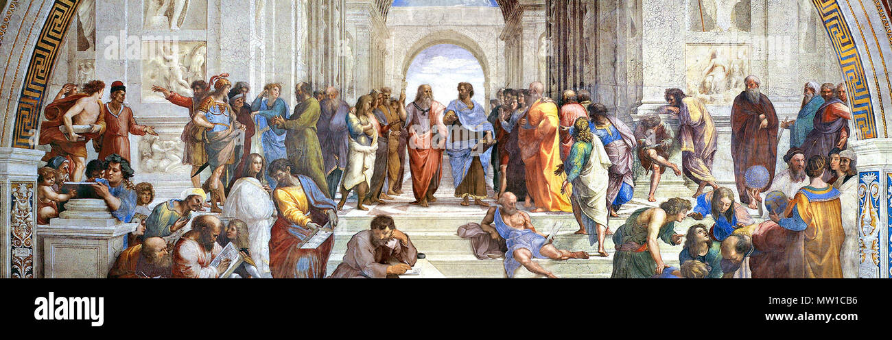 . Anglais : Raphaël. École d'Athènes (1509-11) Fresco . Novembre 1509. Raphael 512 Raphael-School-de-Athènes Banque D'Images