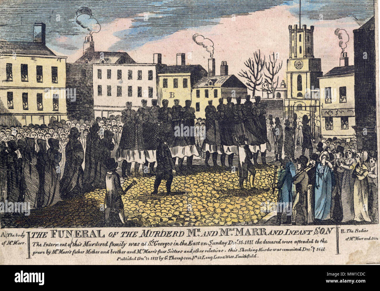 . Anglais : Les funérailles de l'assassiné M. et Mme Marr et fils l'inhumation de cette famille a été assassiné à St Georges, à l'Est le dimanche, Décembre 15, 1811. La personne décédée avait assisté à la tombe par M. Marr's père, mère et frère et Mme Marr's quatre sœurs et autres parents. Cette assassinat a été commis le 7 décembre 1811. Publié le 24 déc, 1811 par G. Thompson n°43 Long Lane, West Smithfield . 23 mai 2012. G. Thomson 512 Ratcliffe Highway meurtres - Funérailles de la famille Marr Banque D'Images