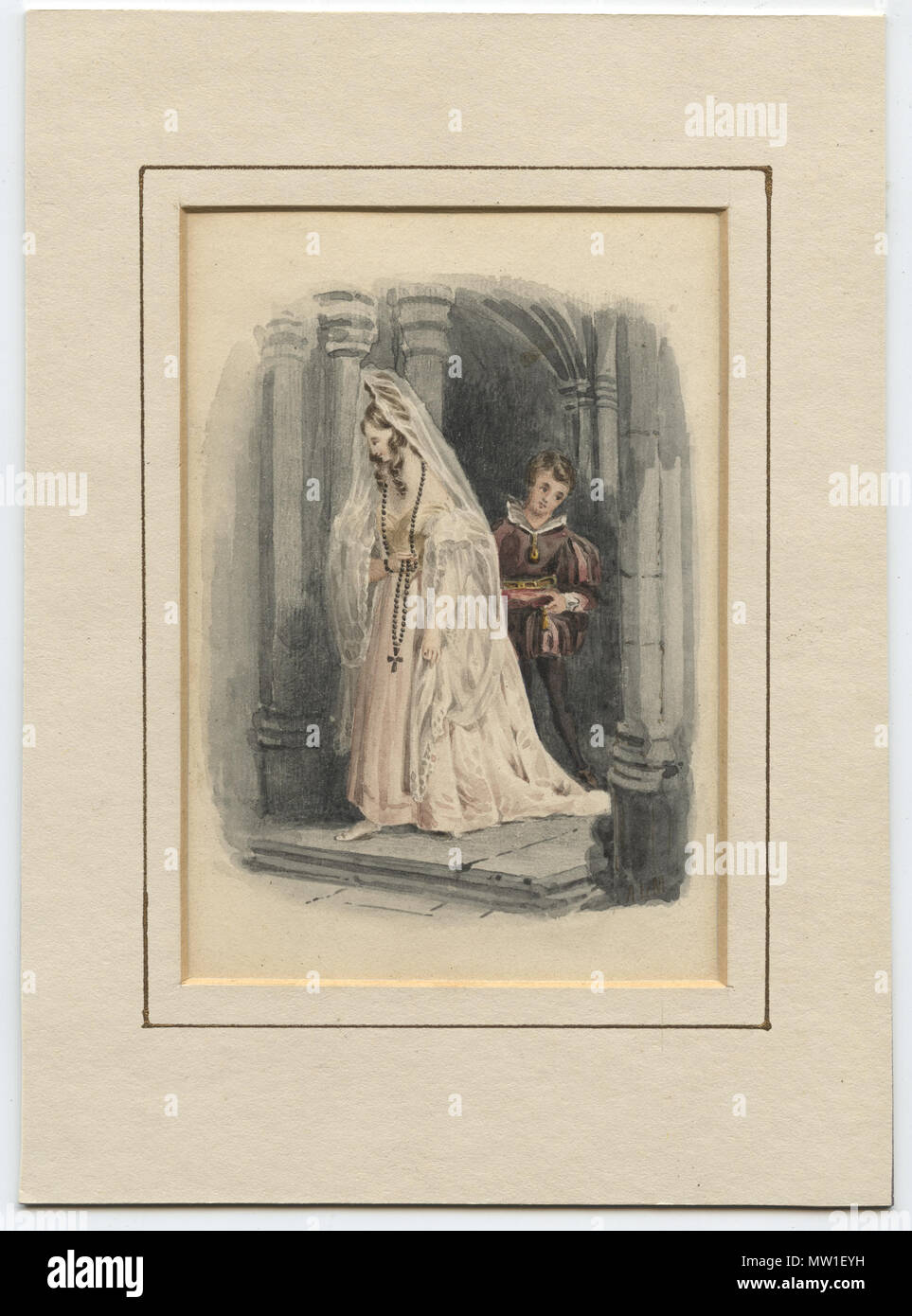 . Anglais : La mariée, ou dame en blanc.aquarelle miniature painting.collection.item 33 wittig. avers.scan. La marche arrière a une attribution à George Cattermole, signé de l'artiste initiales (coin inférieur droit) ne semblent pas correspondre à cela. . Vers 1840 593 La Mariée, ou dame en blanc.aquarelle miniature painting.collection.item 33 wittig. avers.scan Banque D'Images