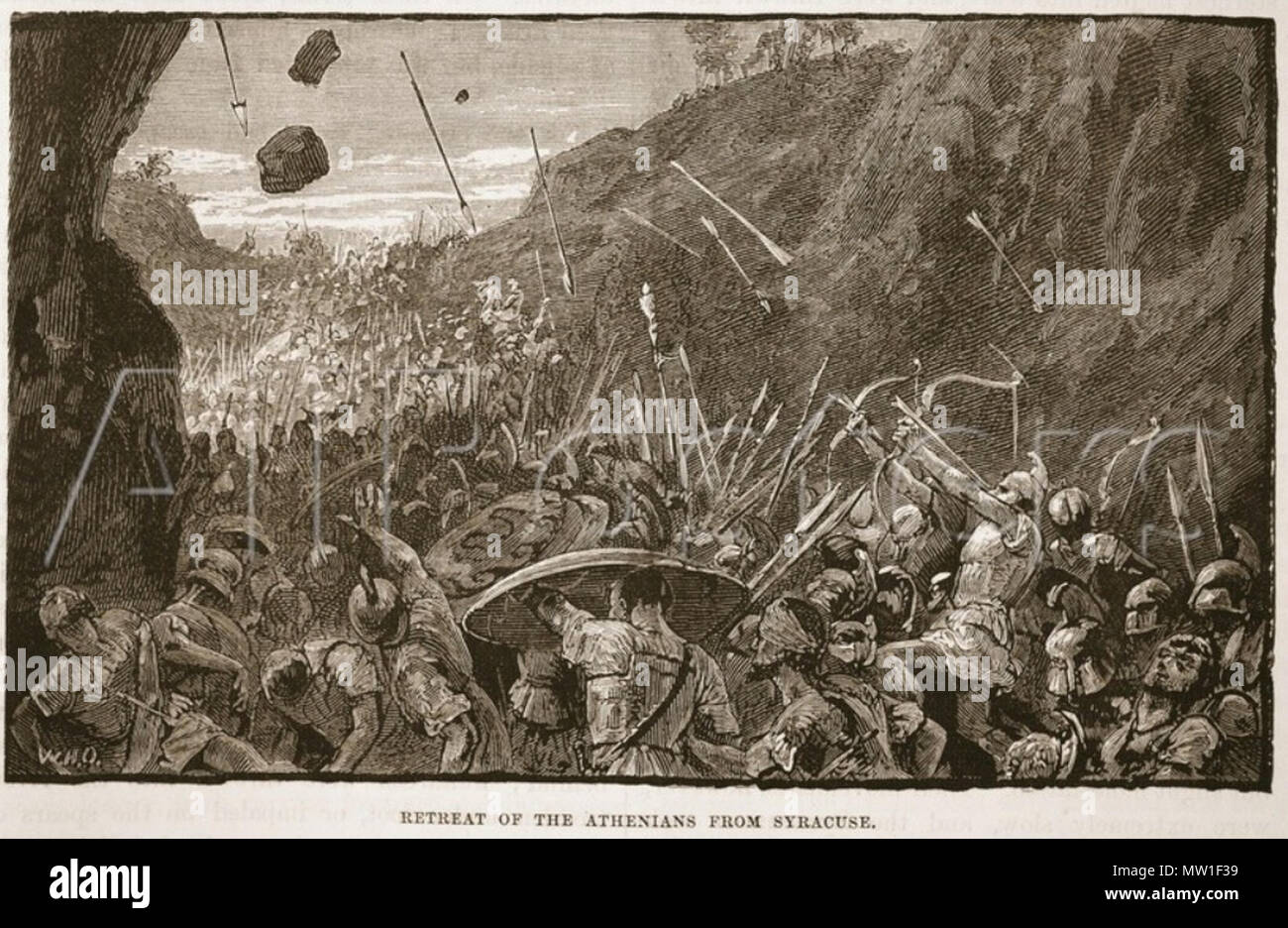 . Italiano : Disegno del XIX° sec. raffigurante l'esercito ateniese durante la sua ultima battaglia dans Sicilia (IV° s. a.C.) . XIX° sec.. Ecole d'anglais 518 Retrait des Athéniens de Syracuse (Litho) Banque D'Images