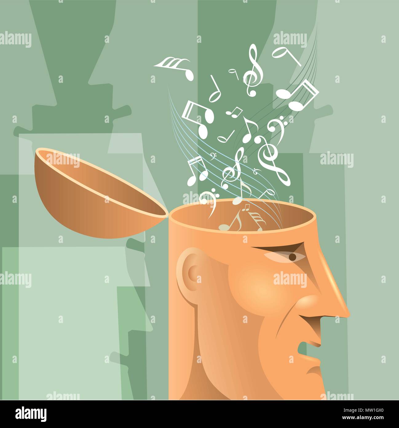 L'intelligence artificielle concept design, les symboles musicaux dans le cerveau. Illustration de Vecteur