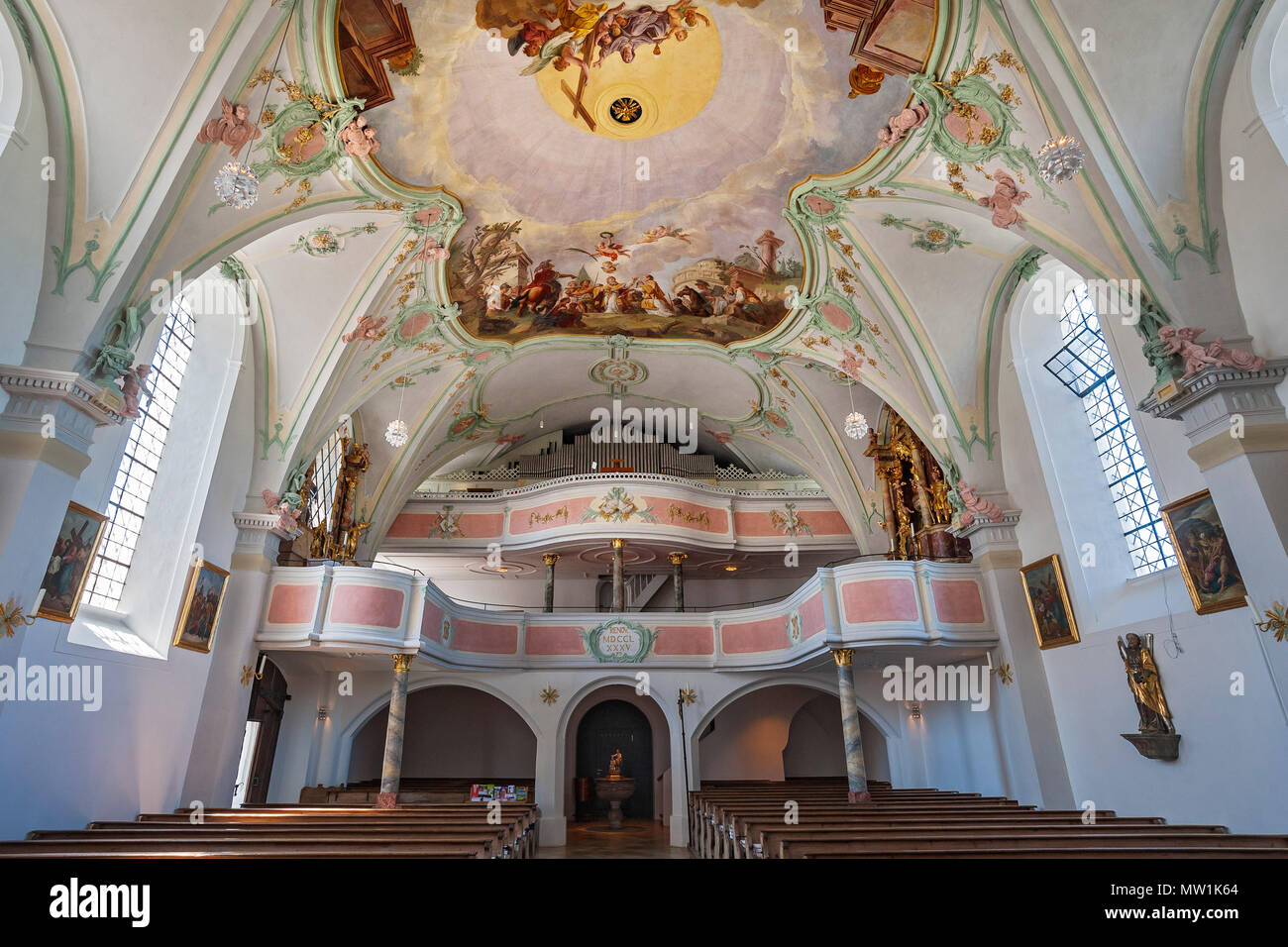 Galerie orgue, église paroissiale Laurentius, Königsdorf, Haute-Bavière, Bavière, Allemagne Banque D'Images
