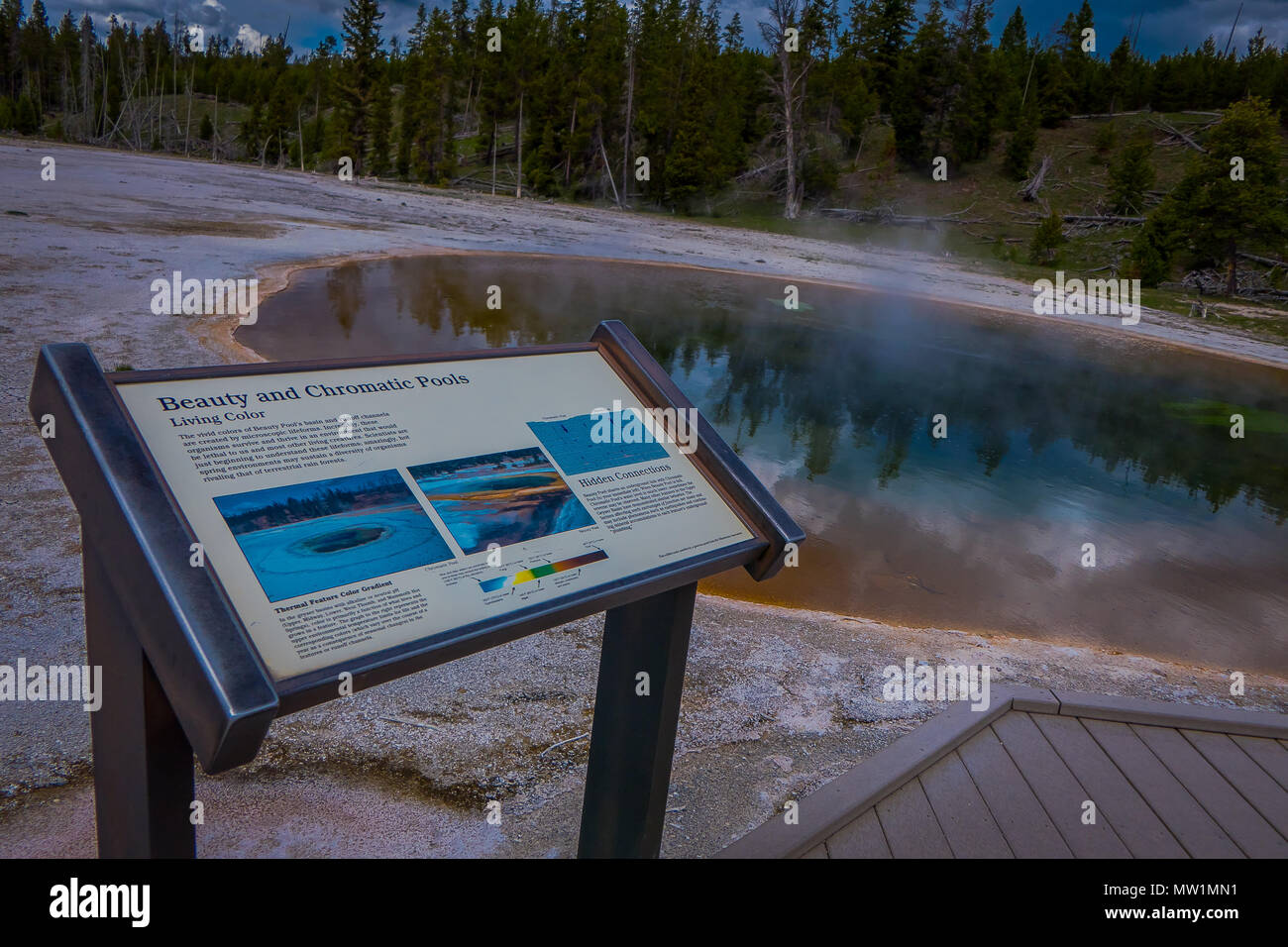 YELLOWSTONE, Montana, USA 24 mai 2018 : information signe de piscines à chromatique chaude et le tapis microbiens orange dans le Old Faithful Geyser basin de Parc National de Yellowstone, Wyoming Banque D'Images