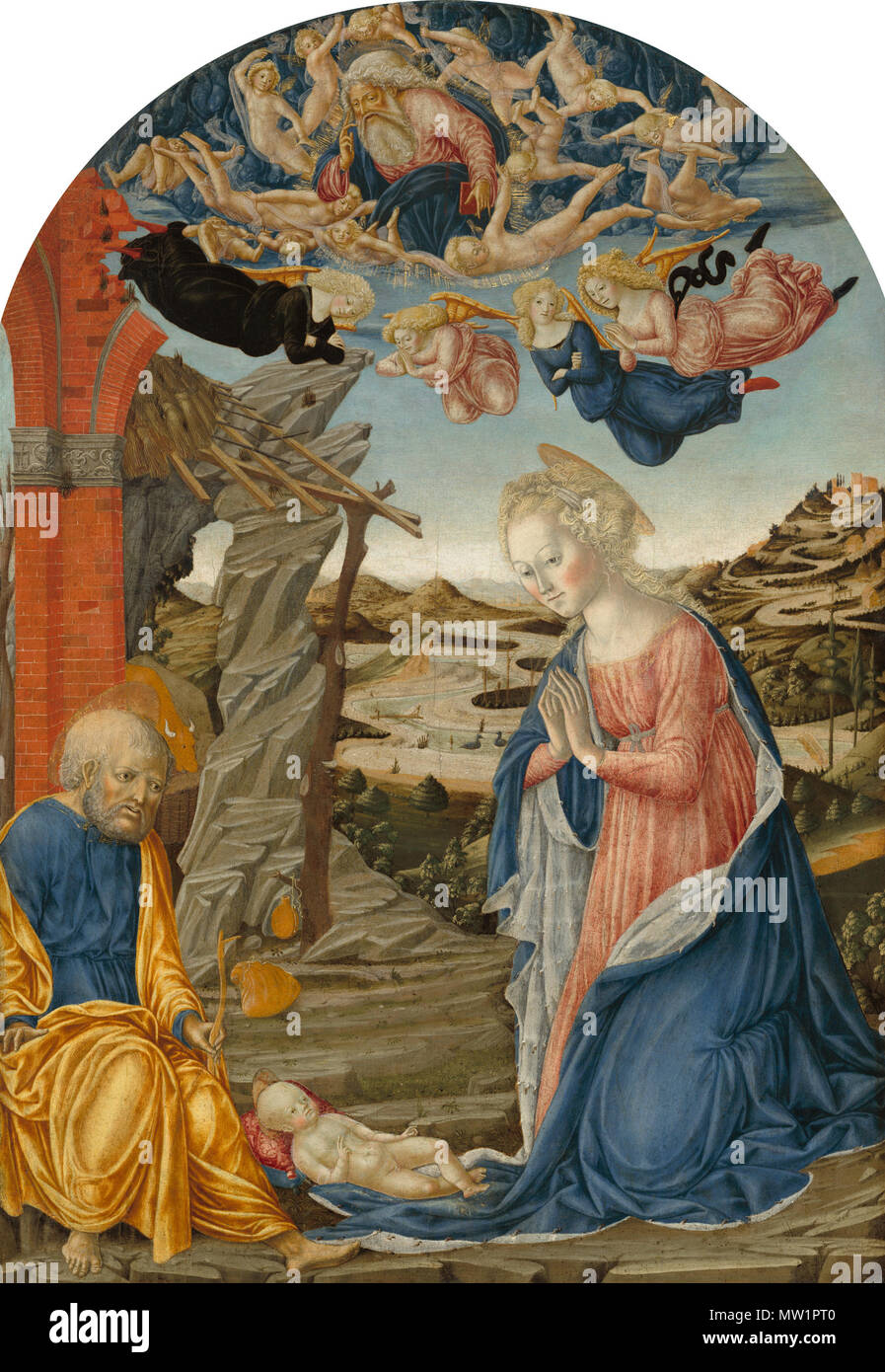 . La nativité, avec Dieu le Père entouré d'Anges et de chérubins . circa 1470 597 La nativité, avec Dieu le Père entouré d'Anges et de chérubins UN34638 Banque D'Images