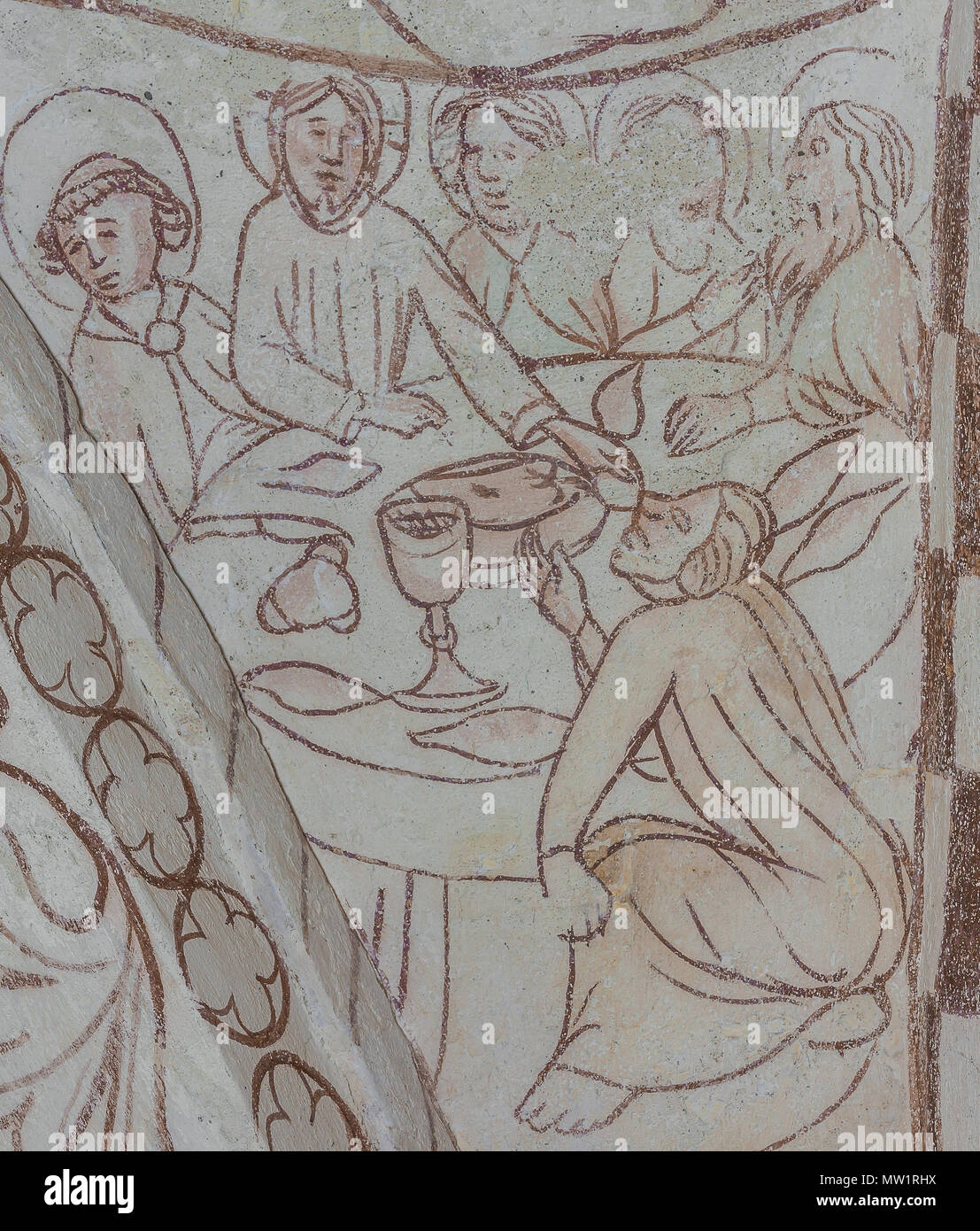 La dernière Cène ou l'Eucharistie. Jésus, et cinq diciples autour d'une table. Une fresque médiévale dans Bronnestad gothique de l'église, la Suède, le 11 mai, 2018 Banque D'Images